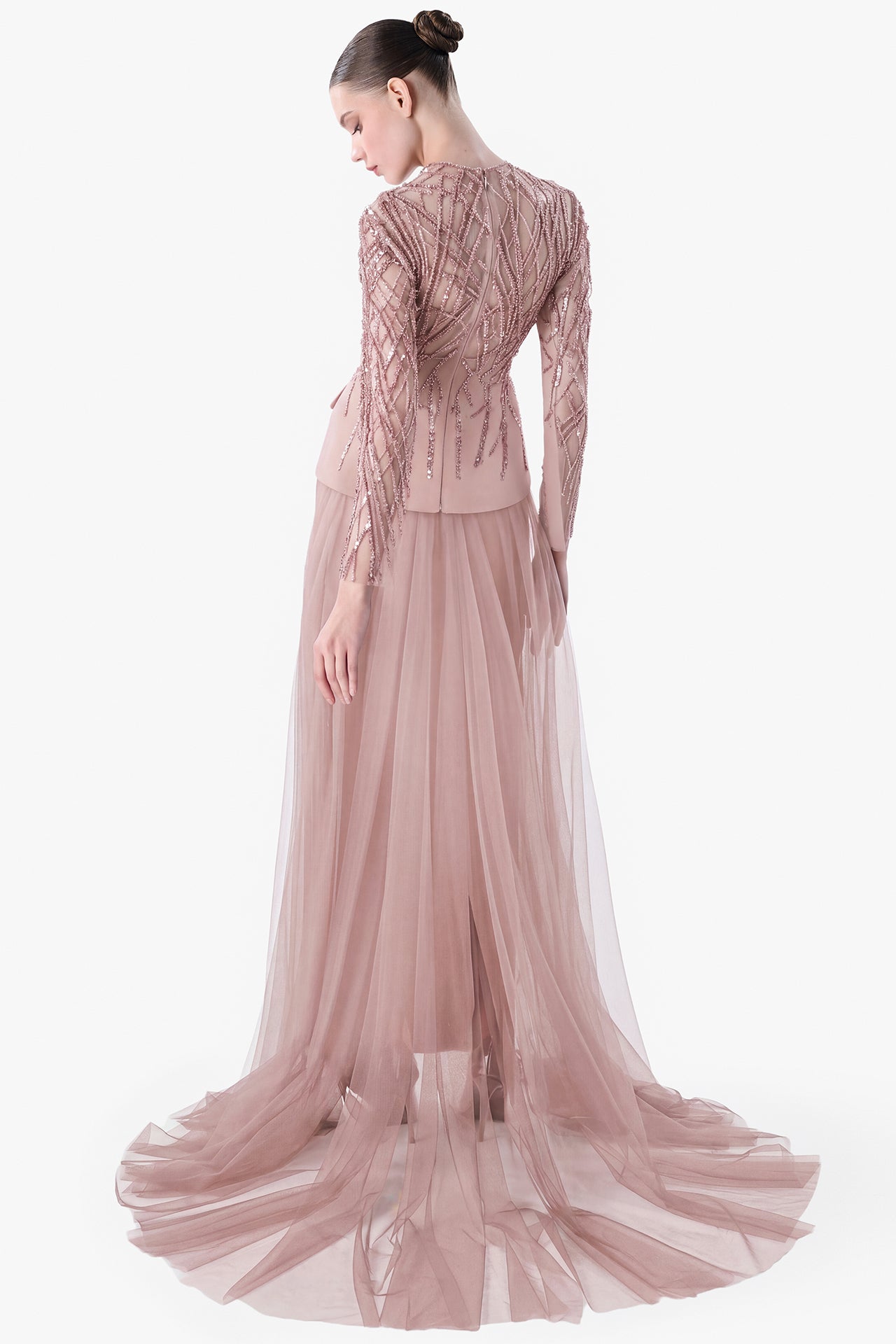 Crepe Gown with Beaded Tulle Overlay