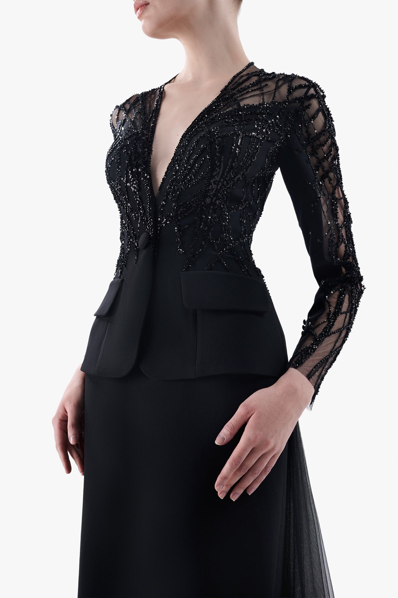 Crepe Gown with Beaded Tulle Overlay