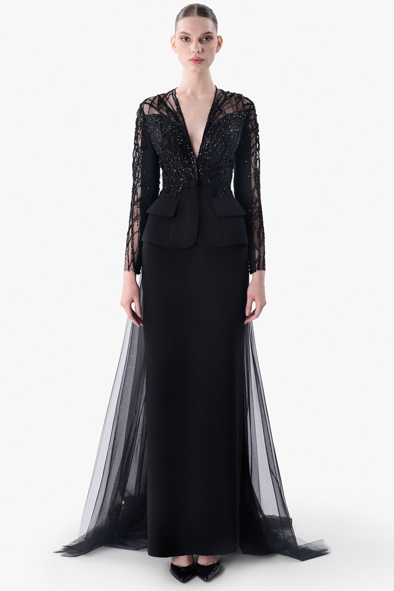Crepe Gown with Beaded Tulle Overlay