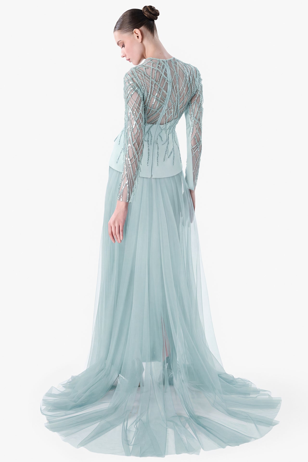 Crepe Gown with Beaded Tulle Overlay