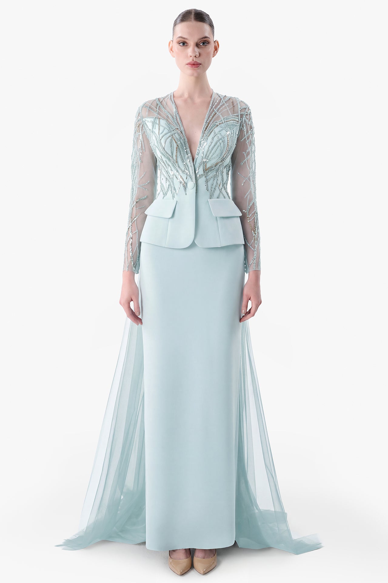 Crepe Gown with Beaded Tulle Overlay