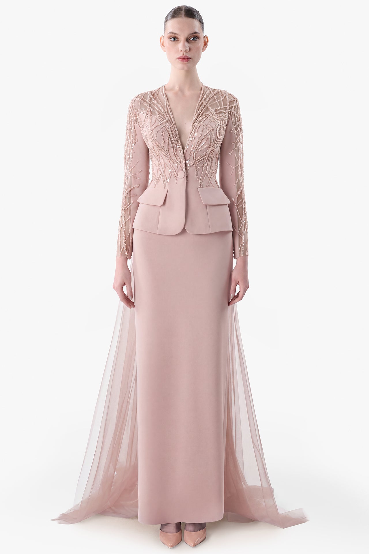 Crepe Gown with Beaded Tulle Overlay