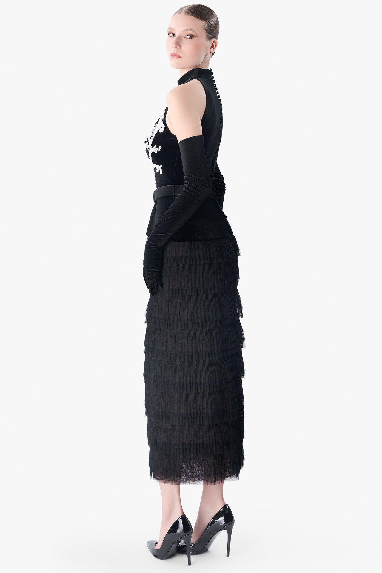 Halter Velvet Dress with Embroidered Bodice