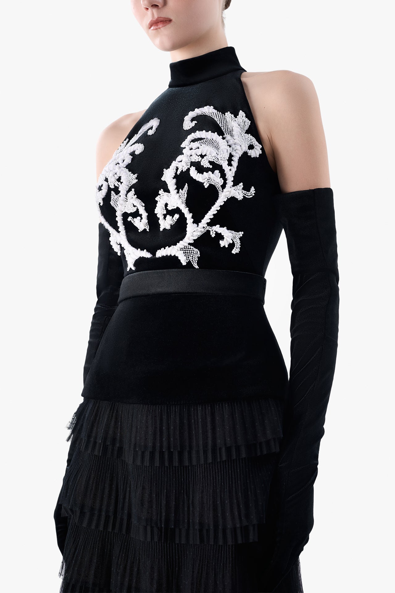 Halter Velvet Dress with Embroidered Bodice