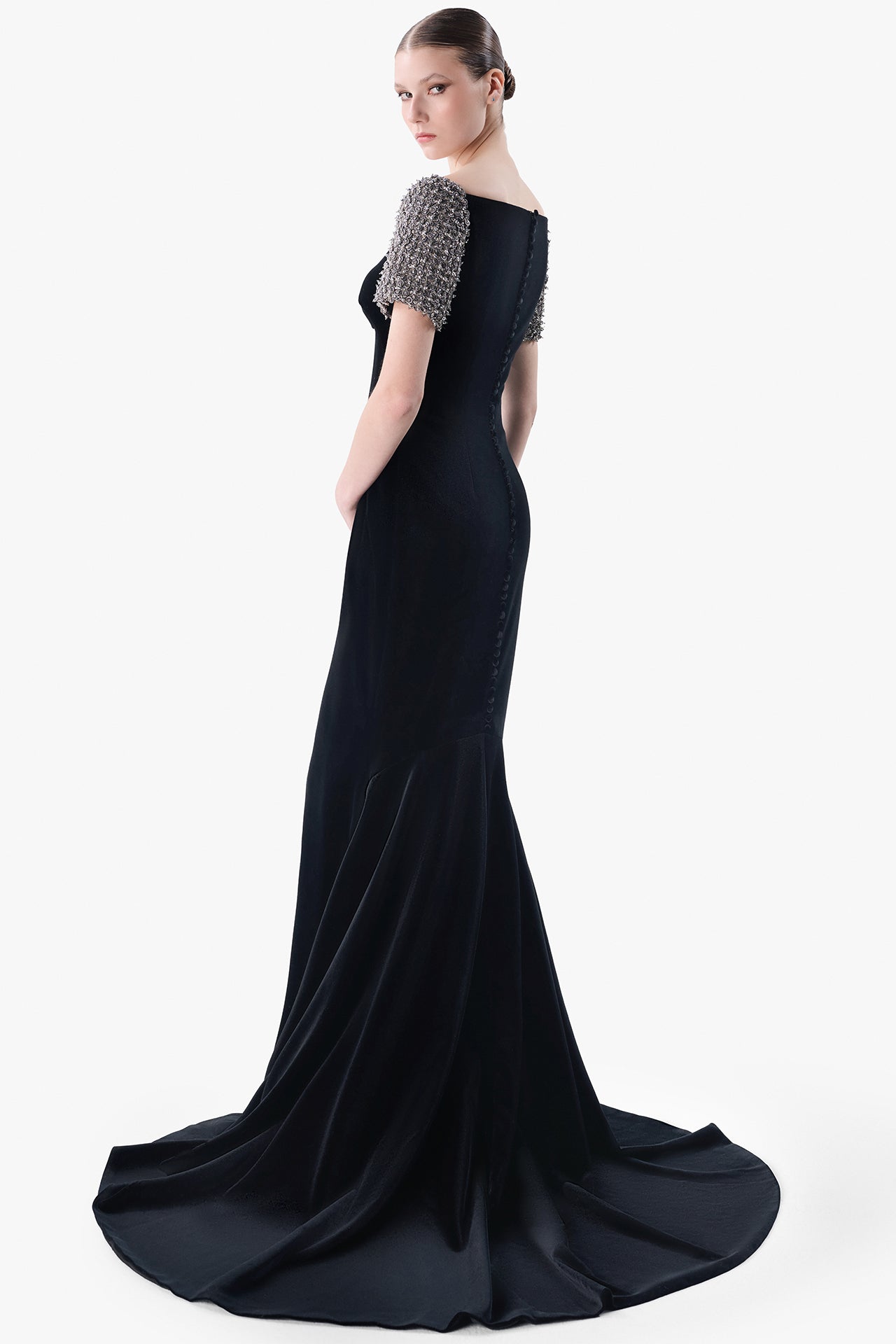 Velvet Mermaid Gown with Embroidered Sleeves