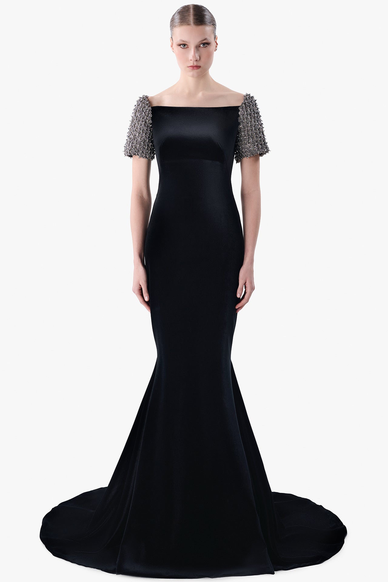 Velvet Mermaid Gown with Embroidered Sleeves