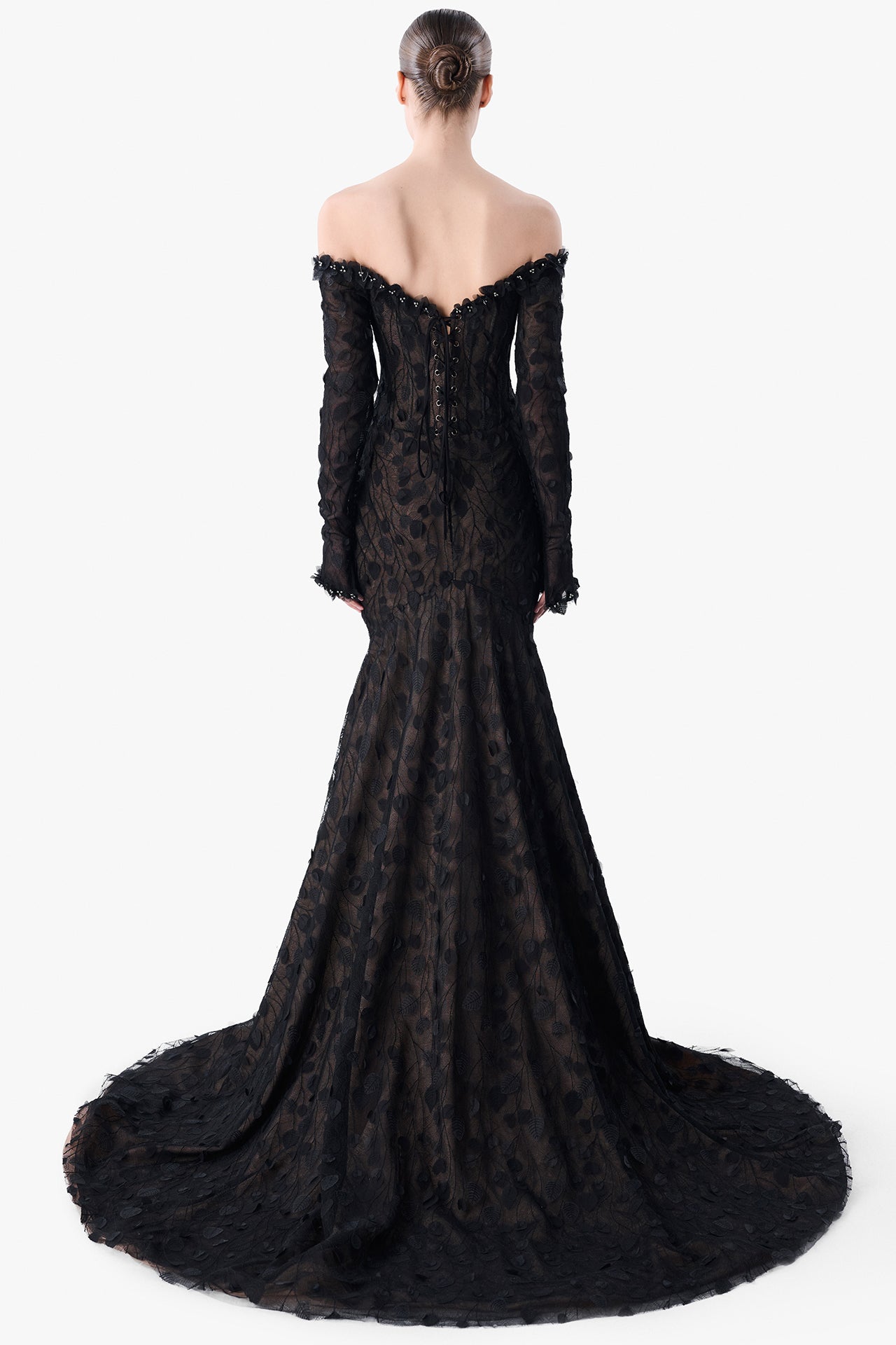 Lace Gown with Organza Petal Embroidery