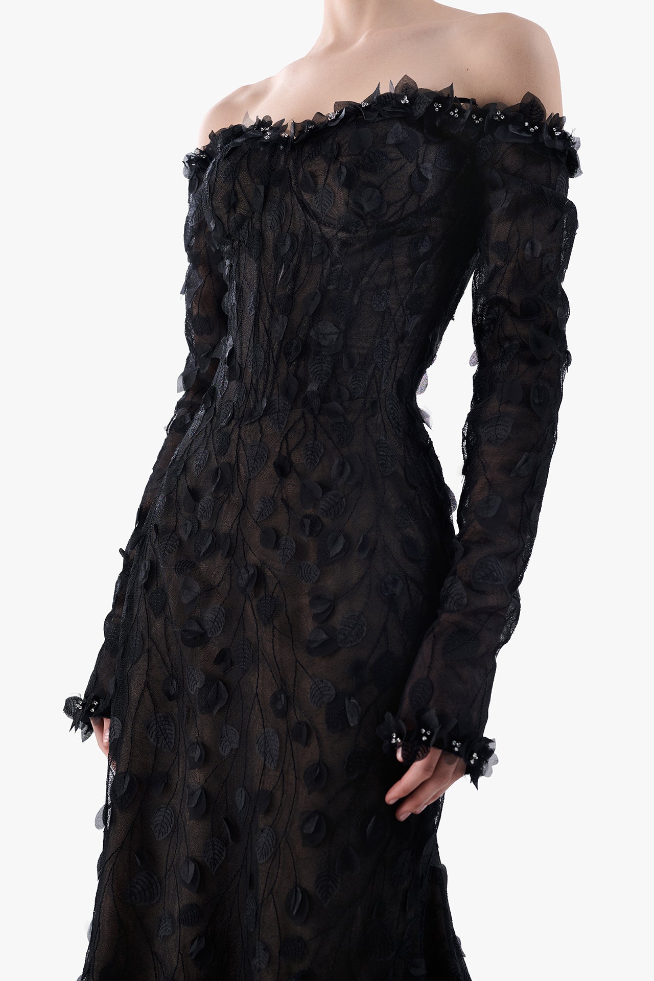 Lace Gown with Organza Petal Embroidery