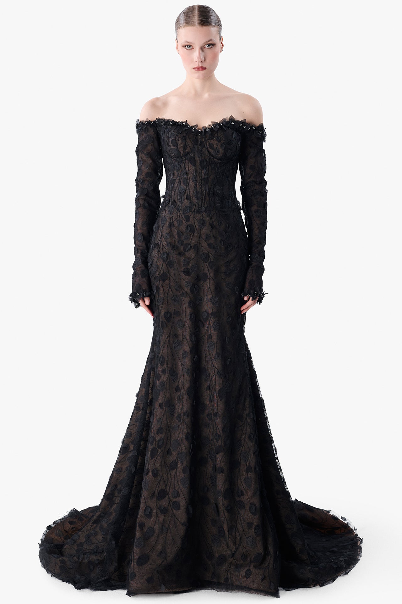 Lace Gown with Organza Petal Embroidery