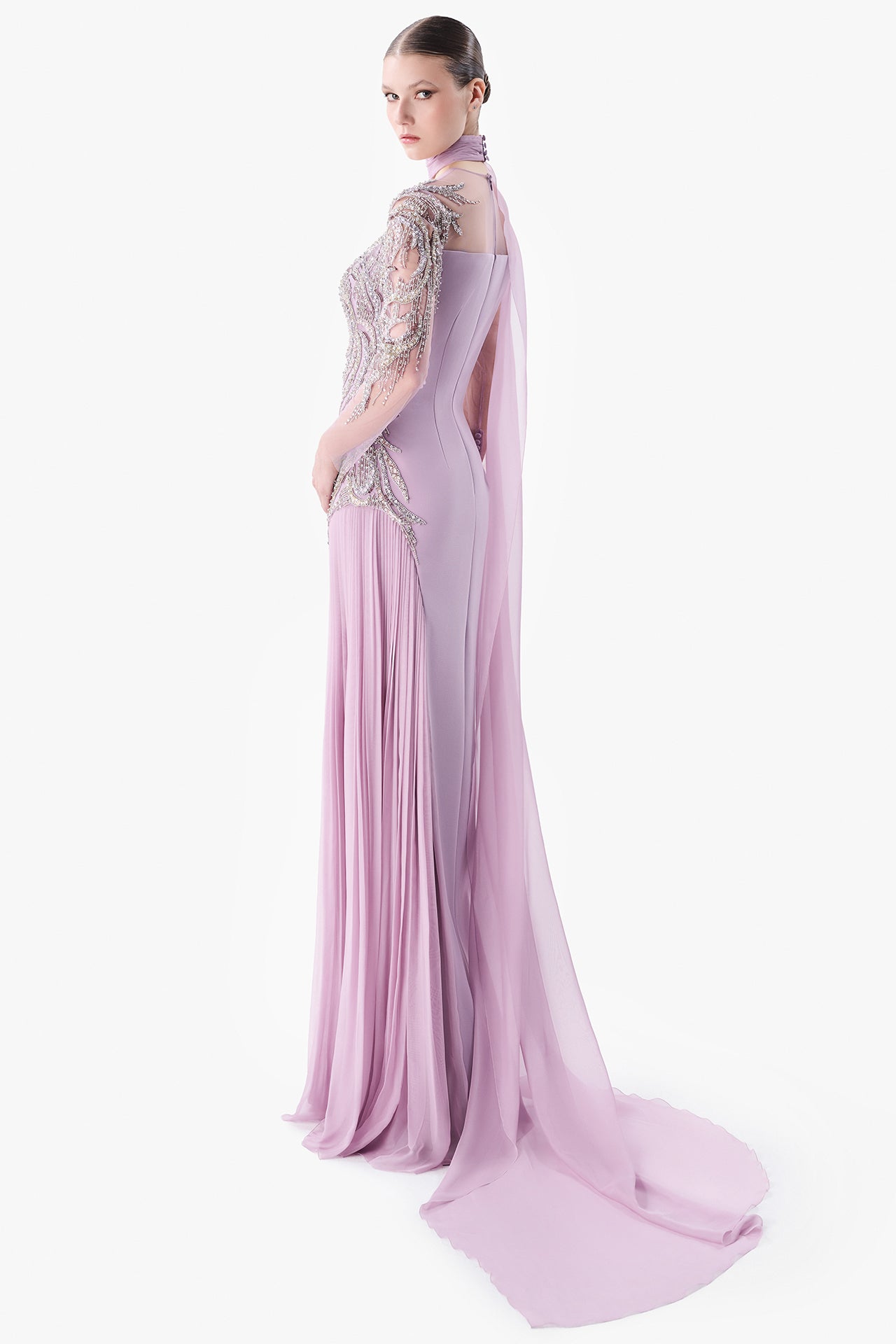 Asymmetric Embroidered Cape Gown