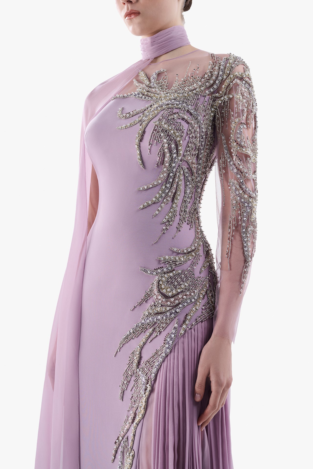 Asymmetric Embroidered Cape Gown