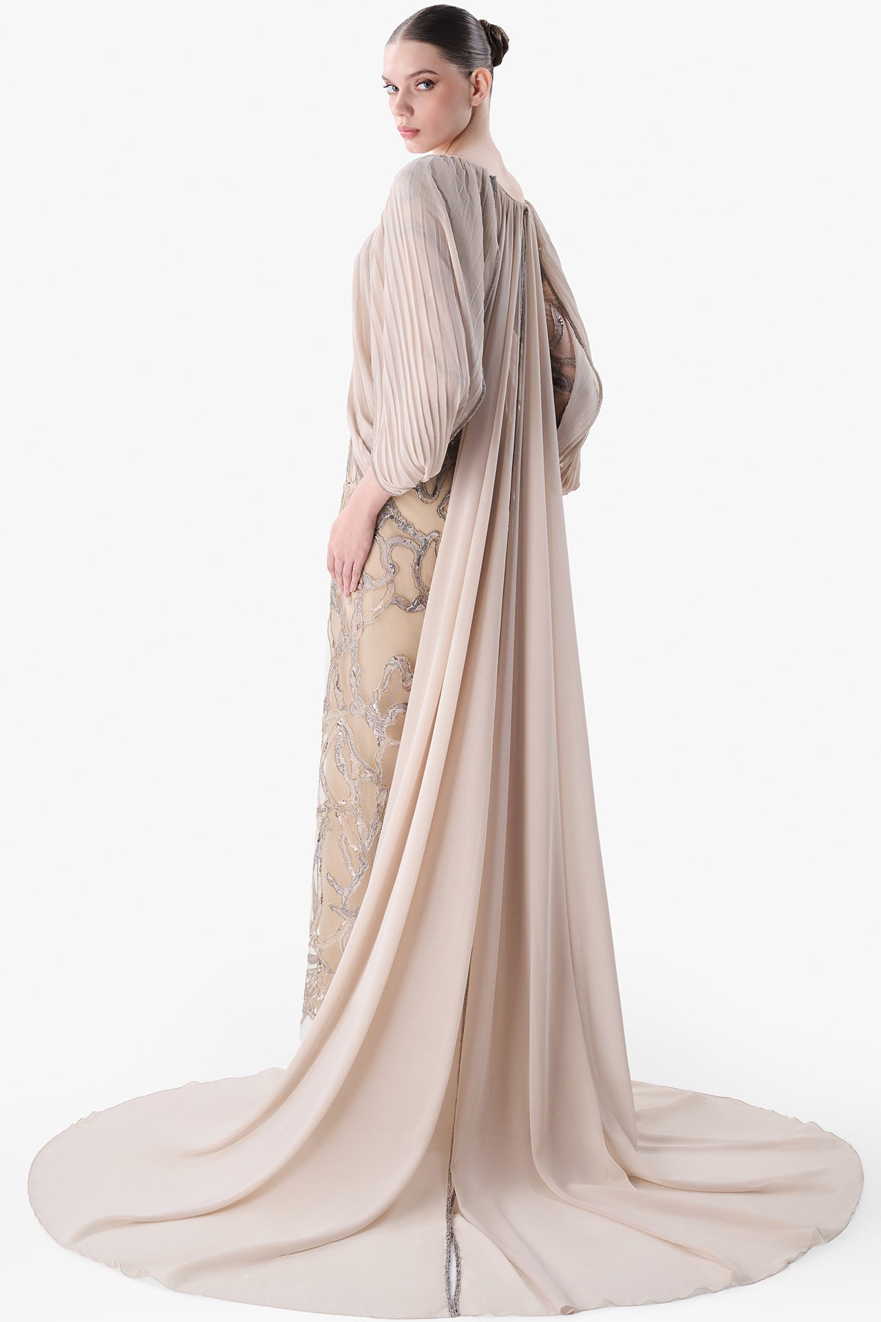 Embroidered Gown with Pleated Cape Sleeves