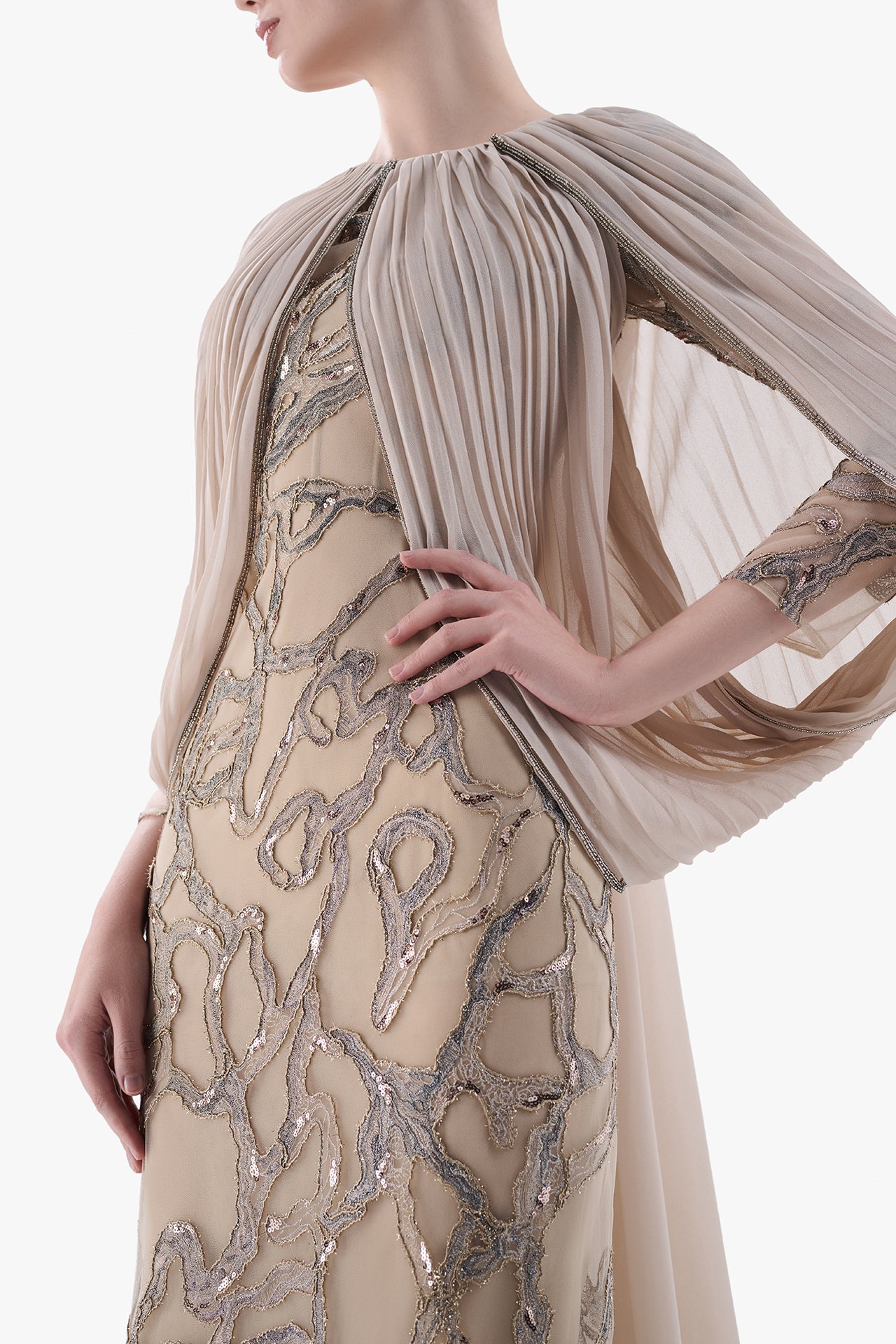 Embroidered Gown with Pleated Cape Sleeves