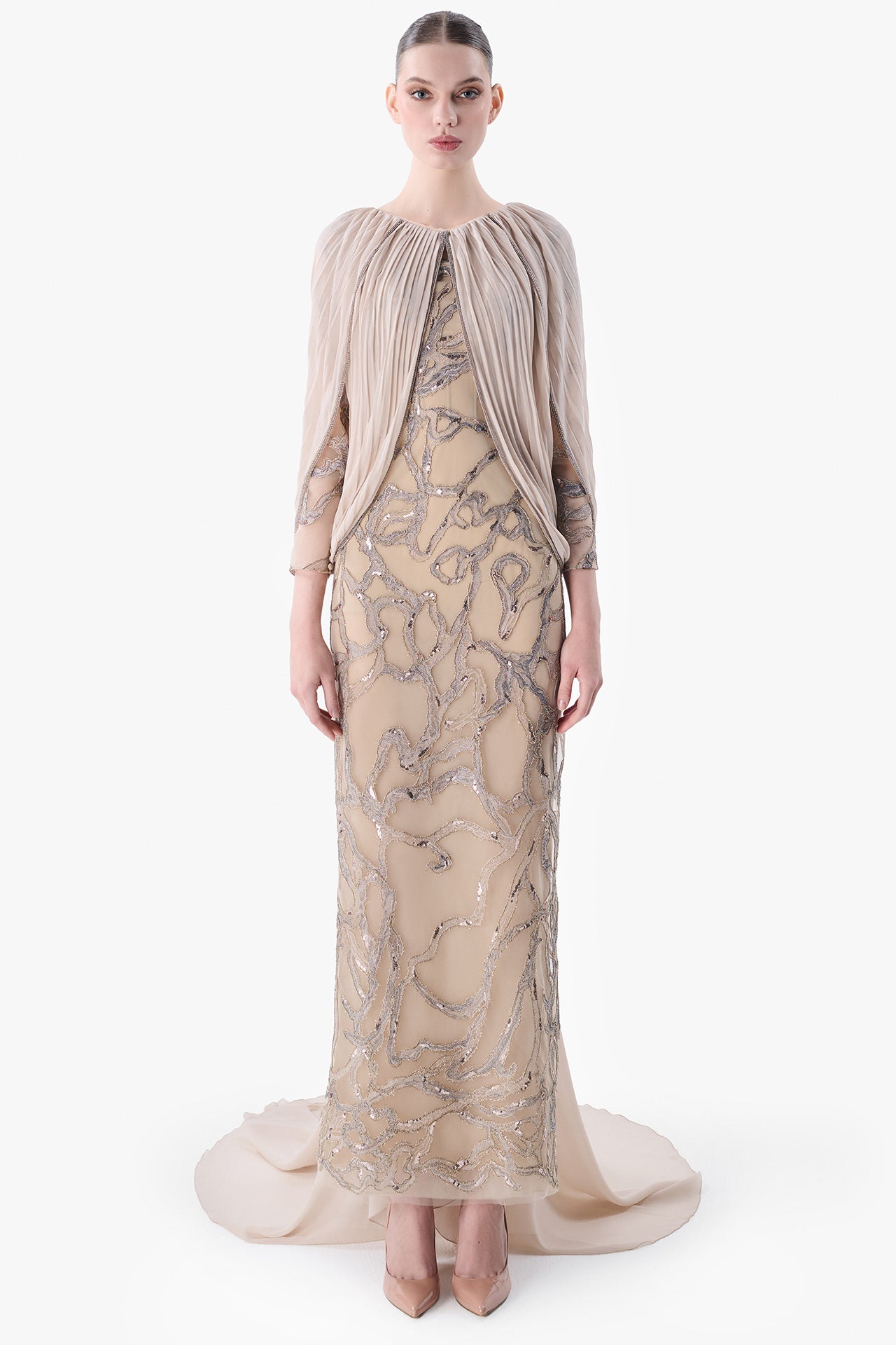 Embroidered Gown with Pleated Cape Sleeves