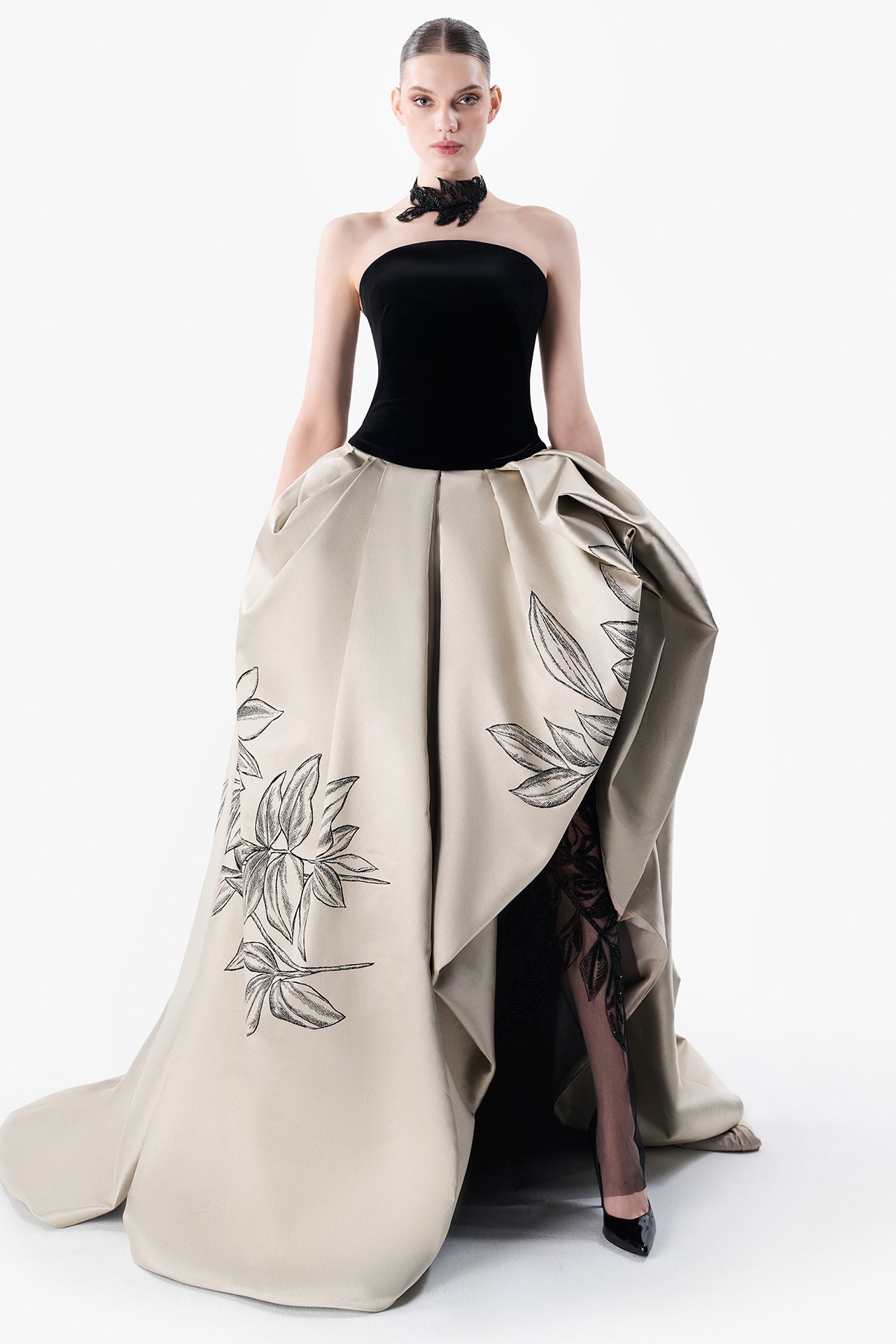 Strapless Velvet Gown with Draped Satin Skirt