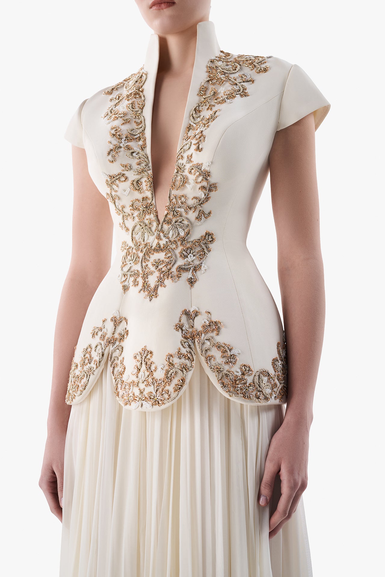 Embroidered Peplum Gown with Chiffon Skirt