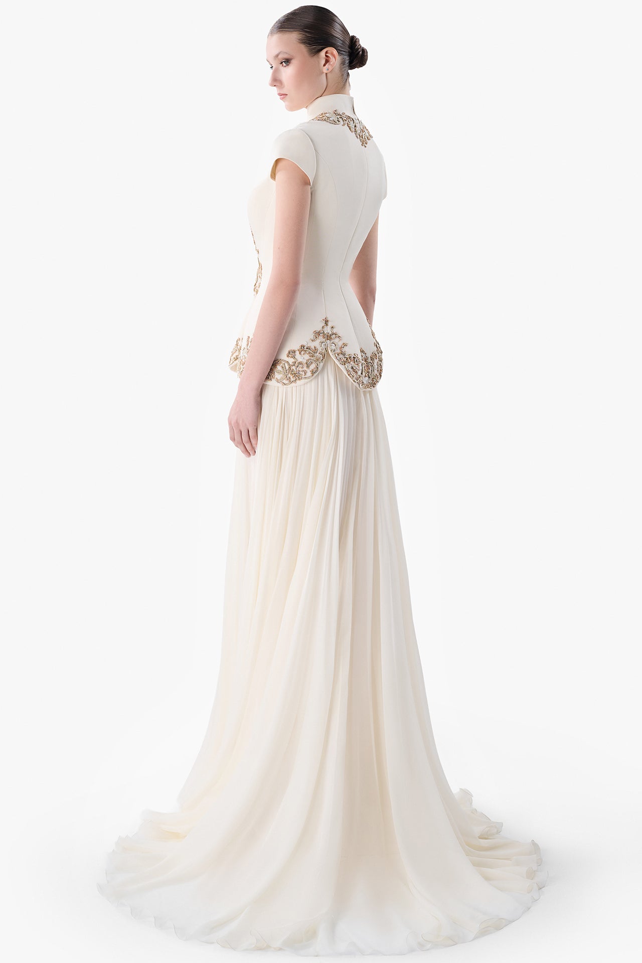 Embroidered Peplum Gown with Chiffon Skirt