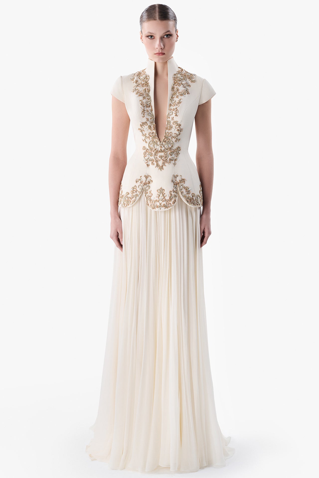 Embroidered Peplum Gown with Chiffon Skirt