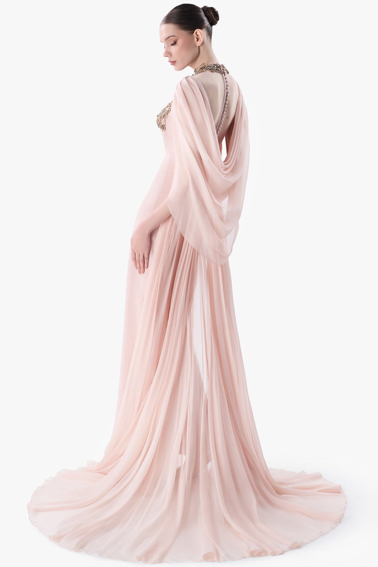 Embroidered High Neck Gown with Draped Chiffon Back