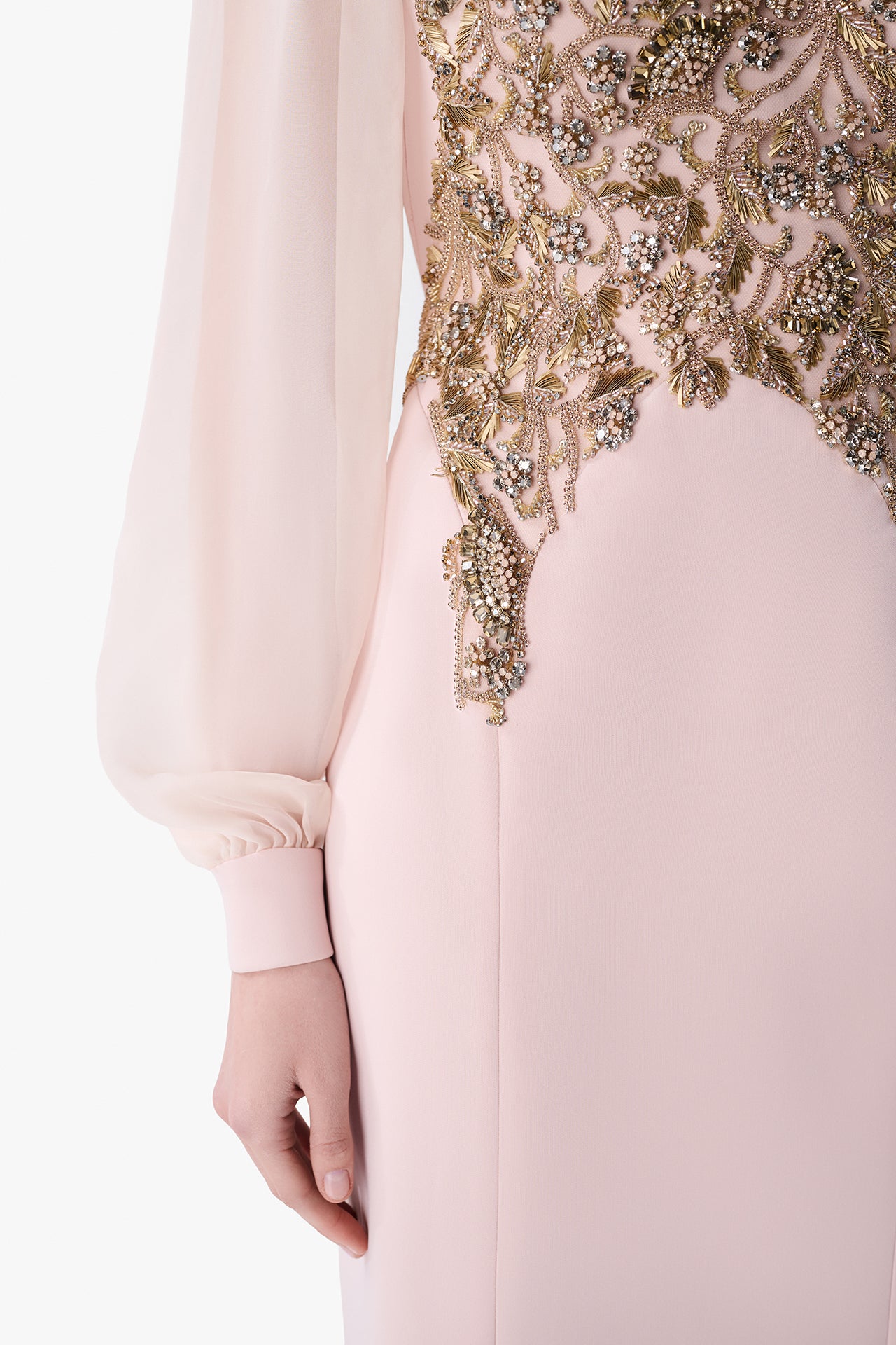 Embroidered Bodice Gown with Sheer Sleeves