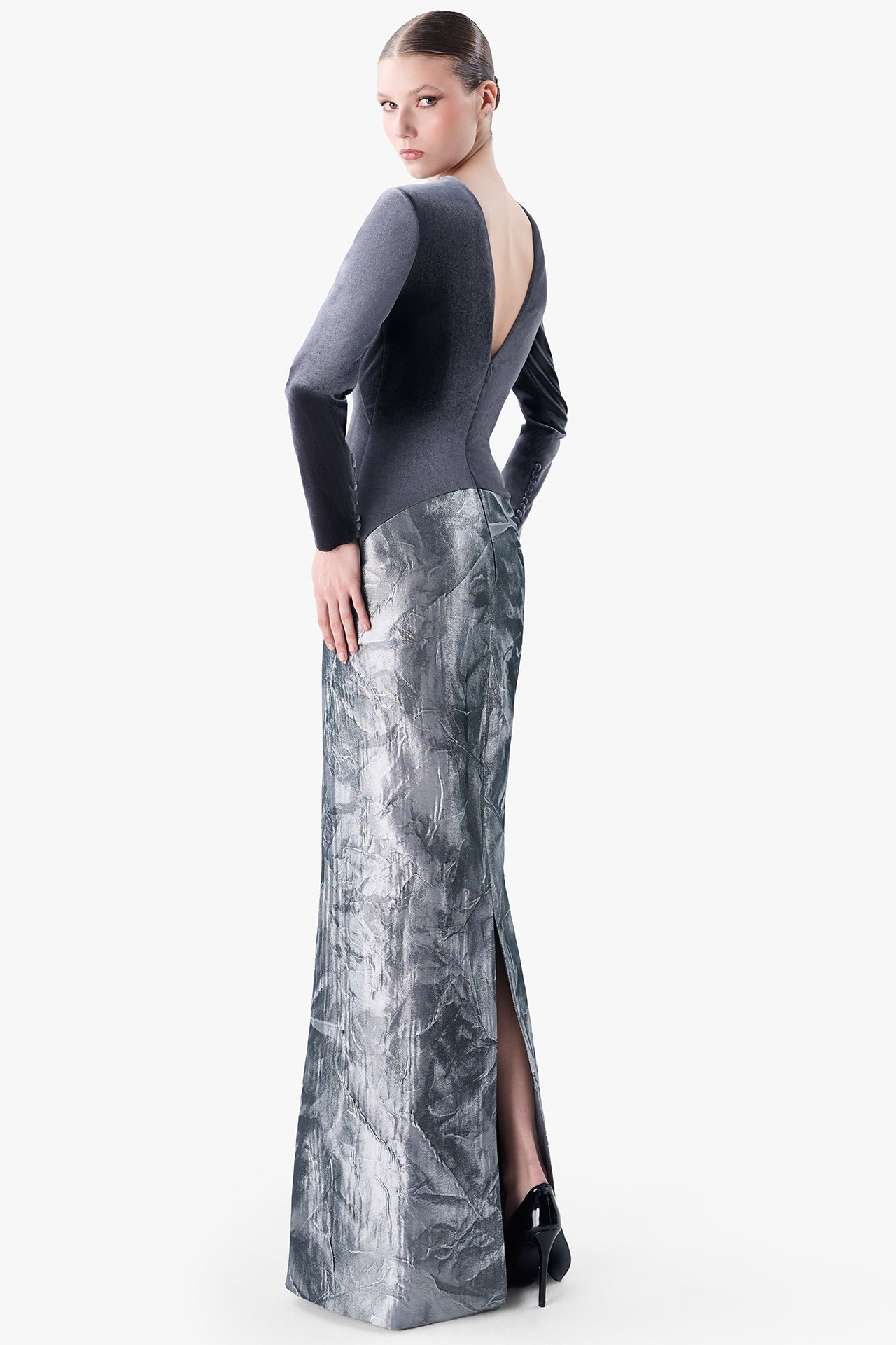 Fitted Velvet Gown with Embroidered Bodice