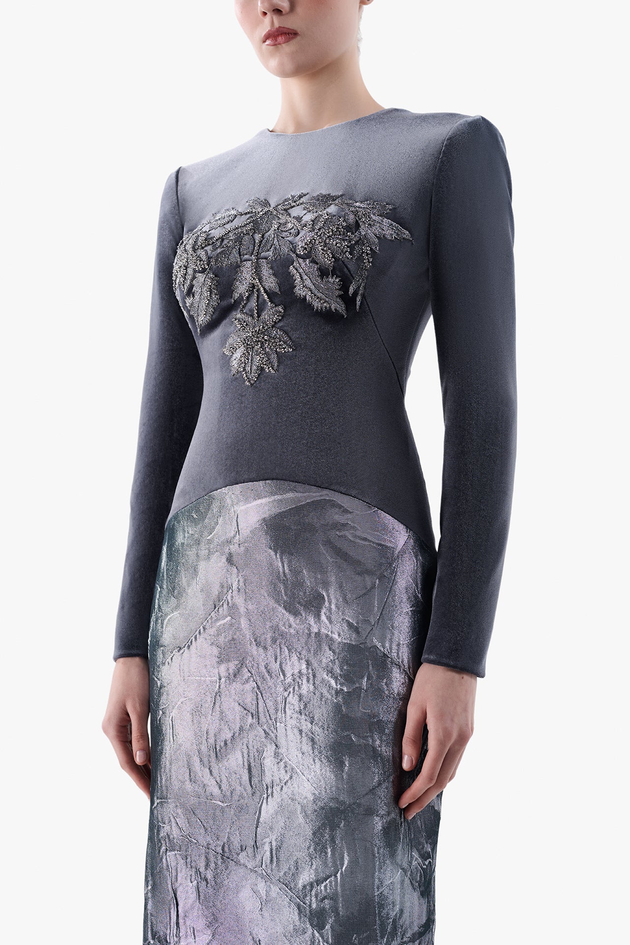 Fitted Velvet Gown with Embroidered Bodice