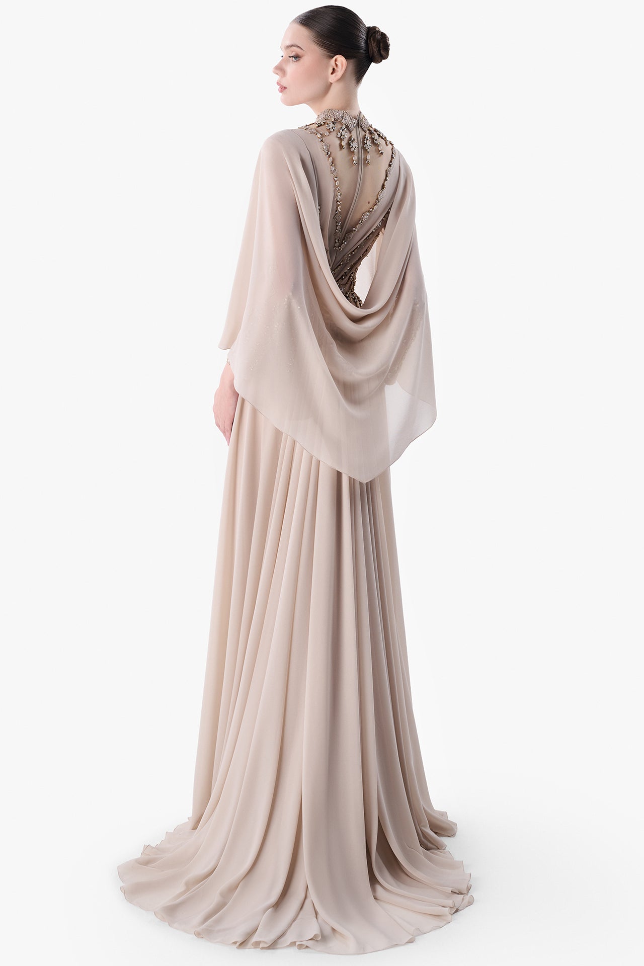 Embroidered Gown with Draped Back Cape