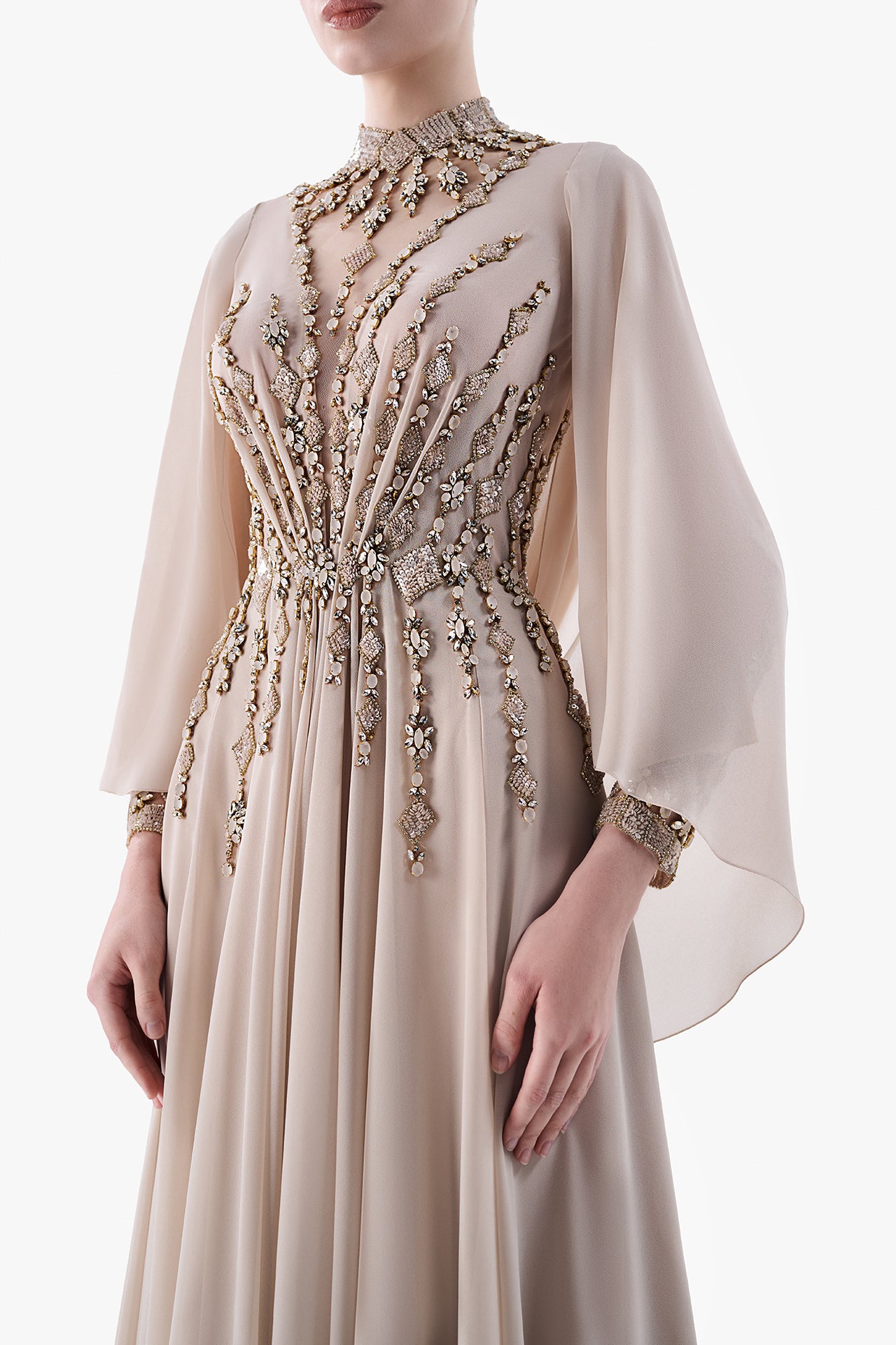 Embroidered Gown with Draped Back Cape