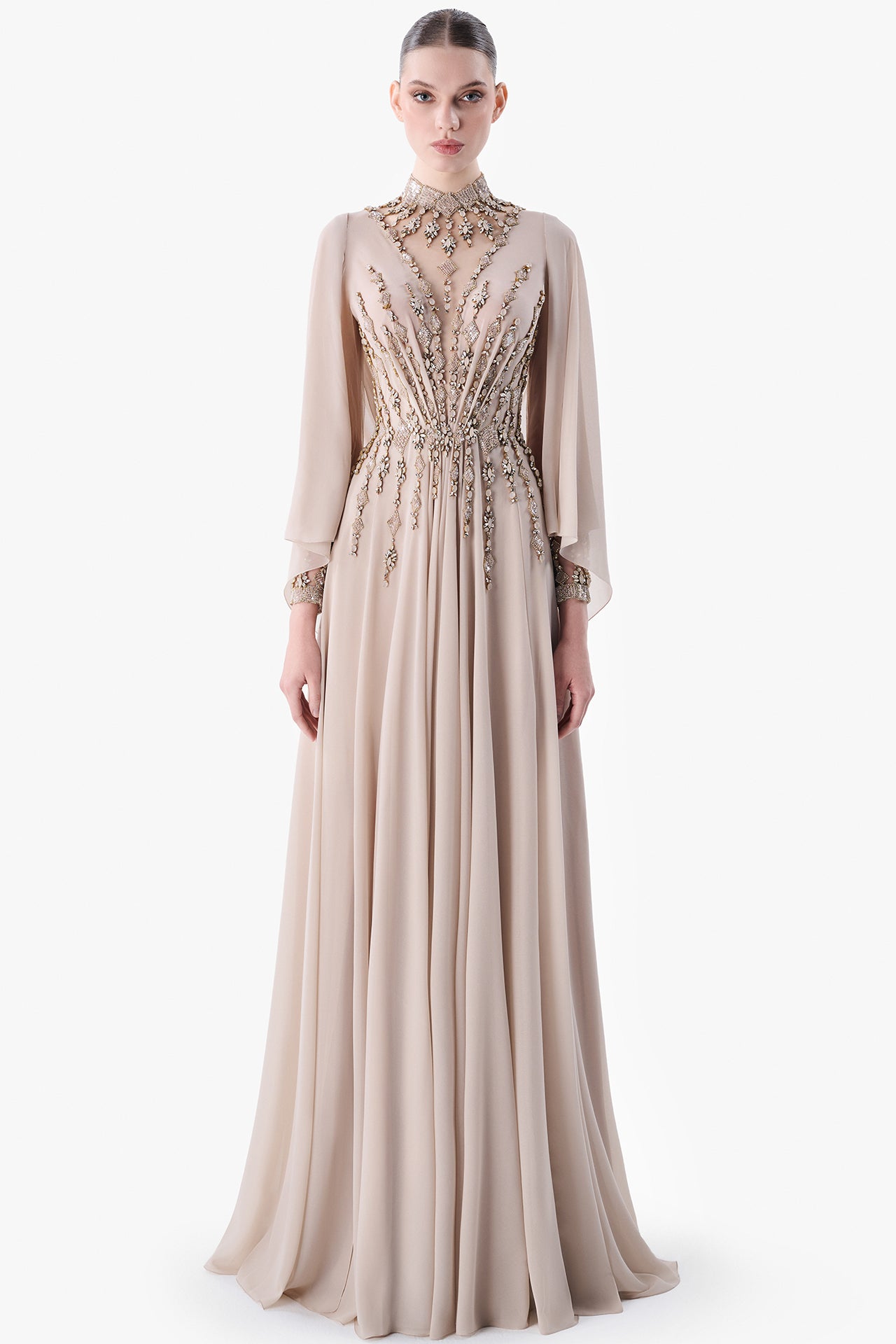 Embroidered Gown with Draped Back Cape
