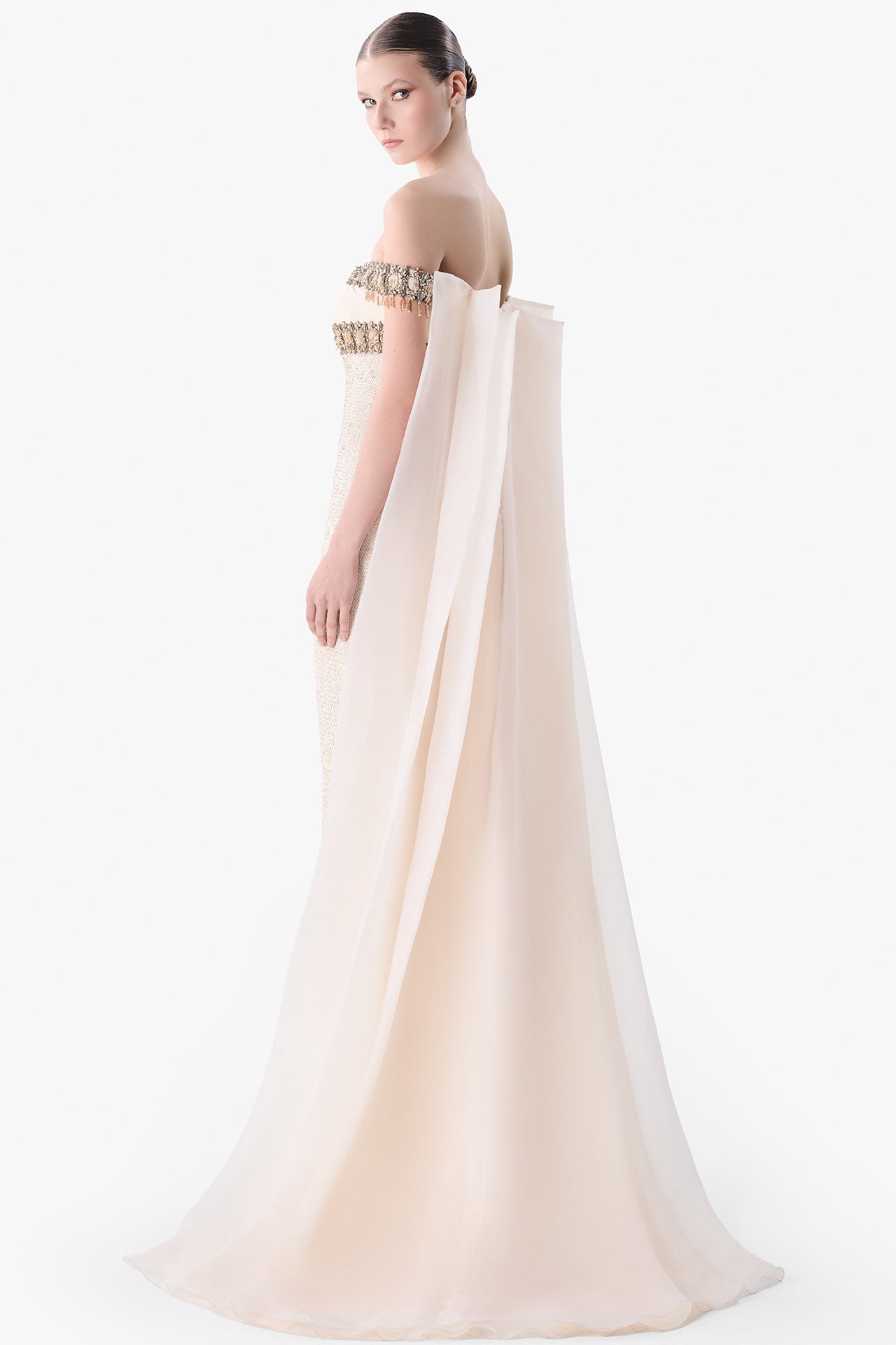Off-Shoulder Embellished Column Gown