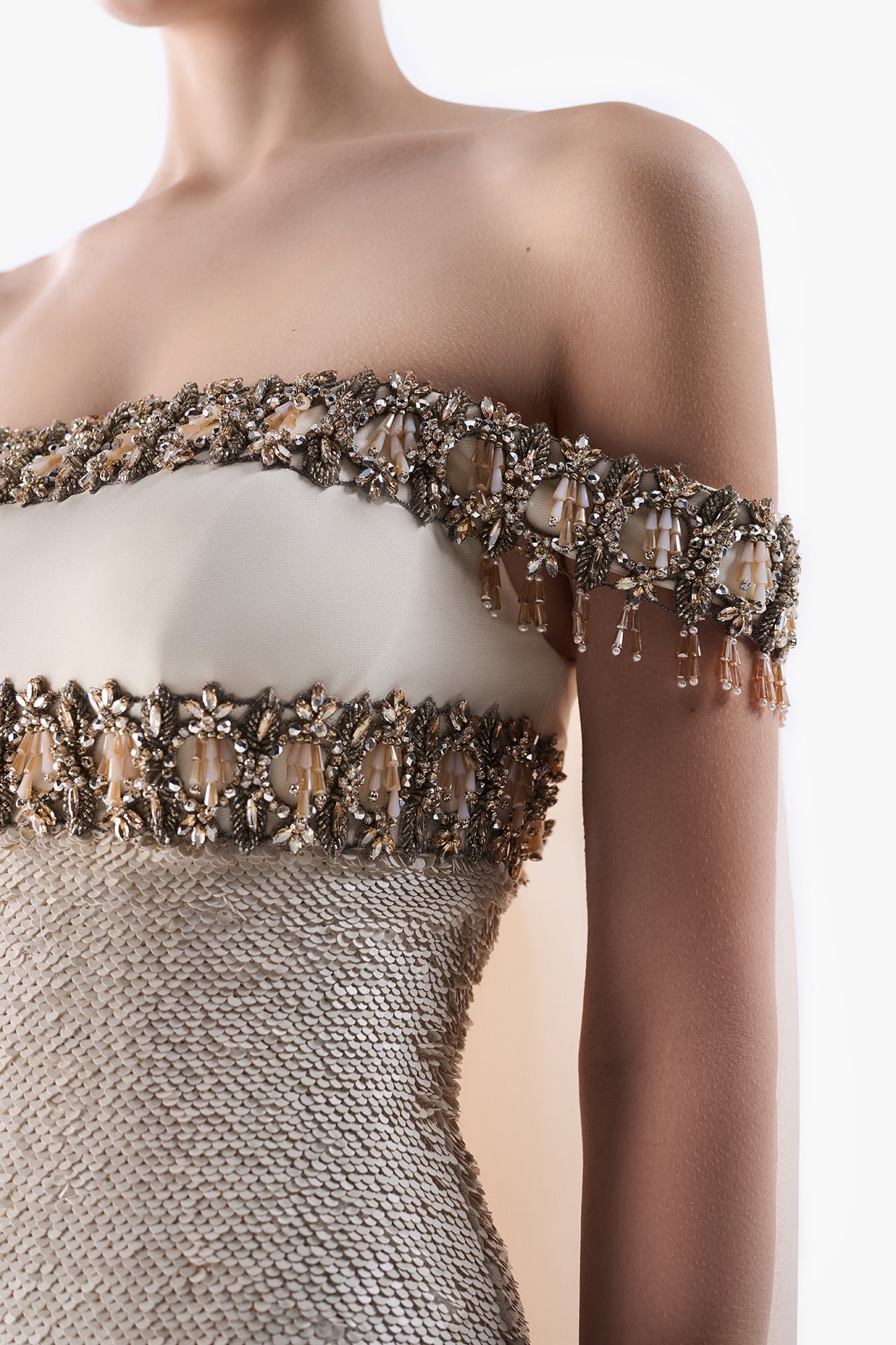 Off-Shoulder Embellished Column Gown