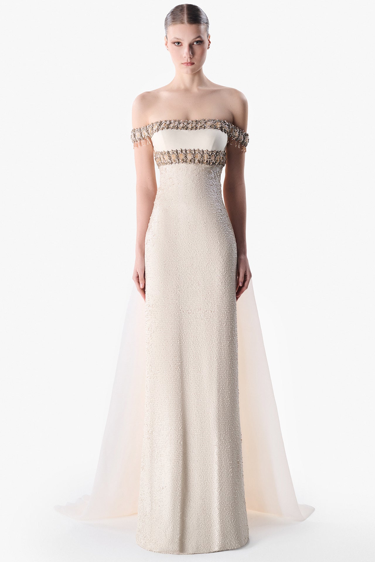 Off-Shoulder Embellished Column Gown