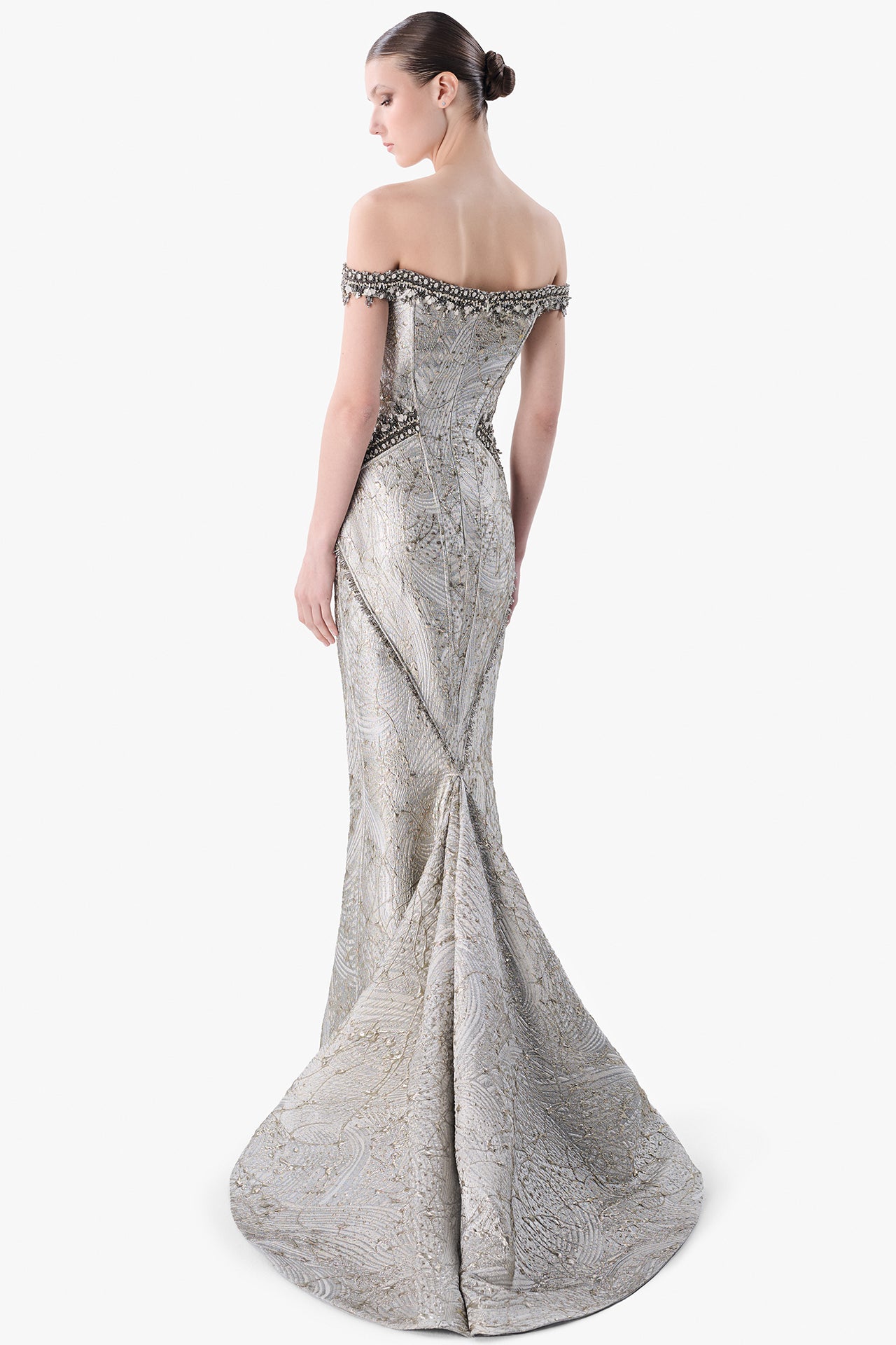 Embroidered Off-Shoulder Jacquard Gown