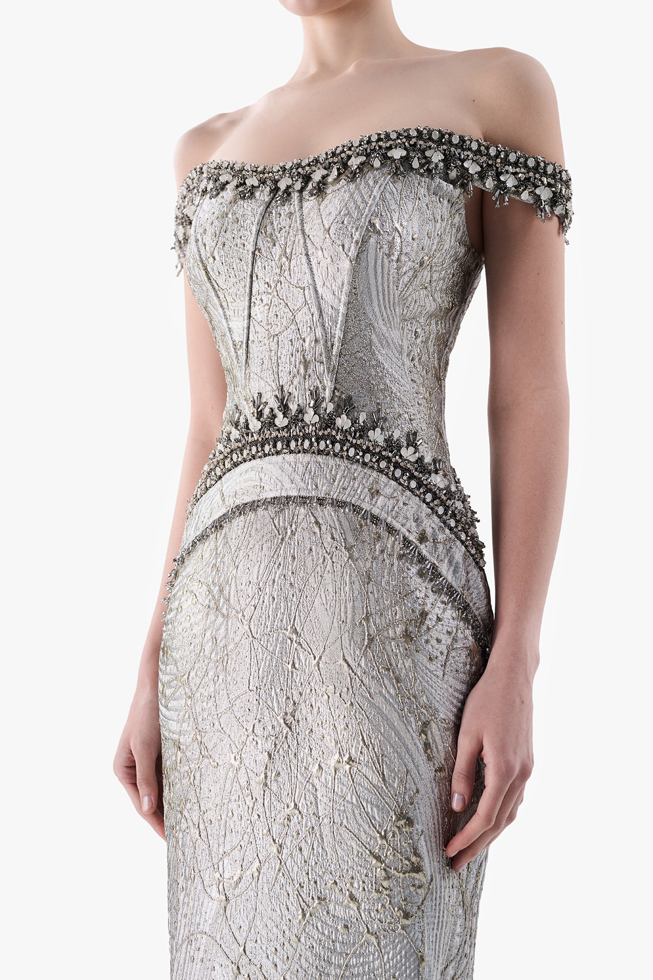 Embroidered Off-Shoulder Jacquard Gown