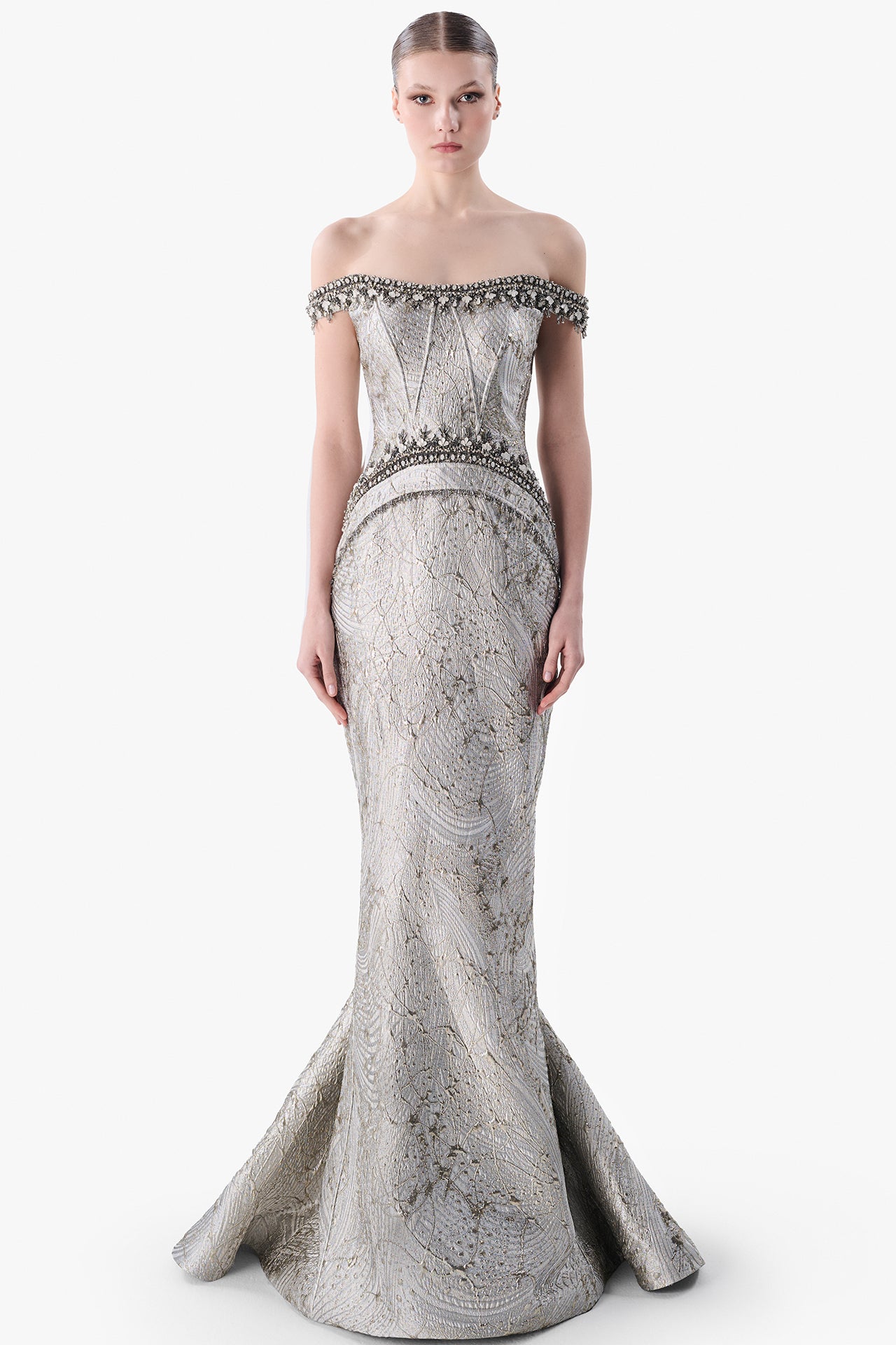 Embroidered Off-Shoulder Jacquard Gown
