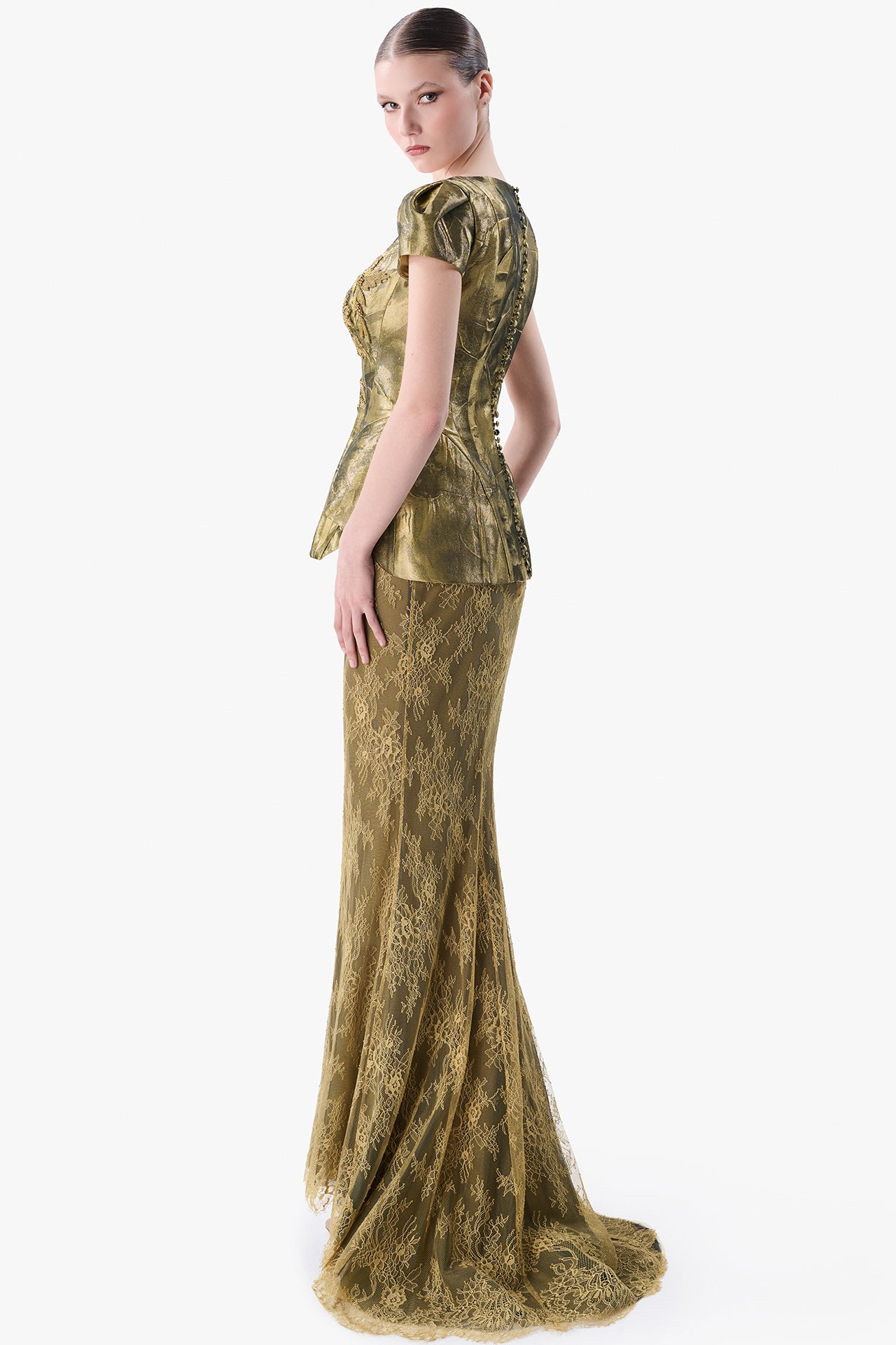 Metallic Jacquard Peplum Gown