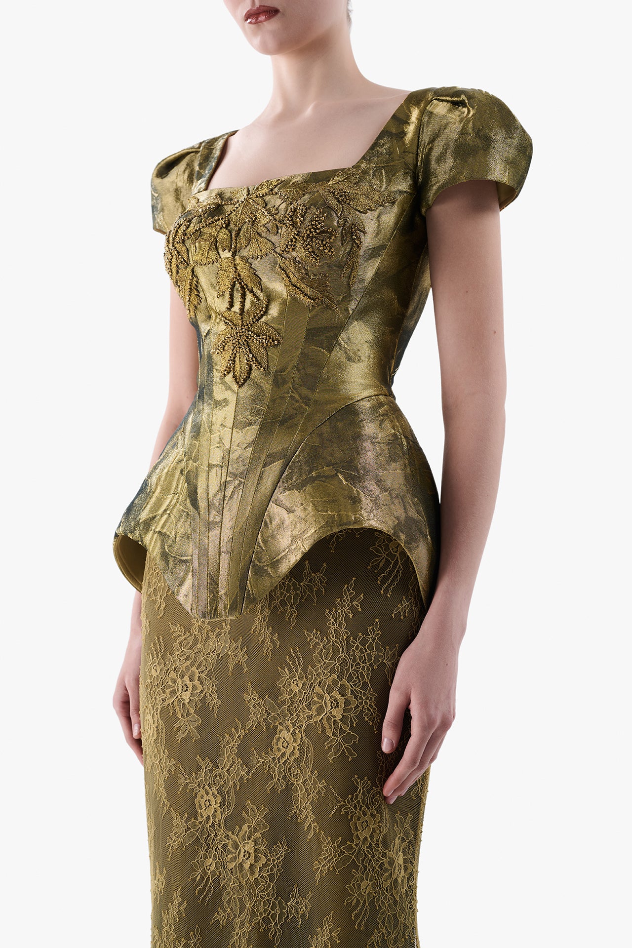 Metallic Jacquard Peplum Gown