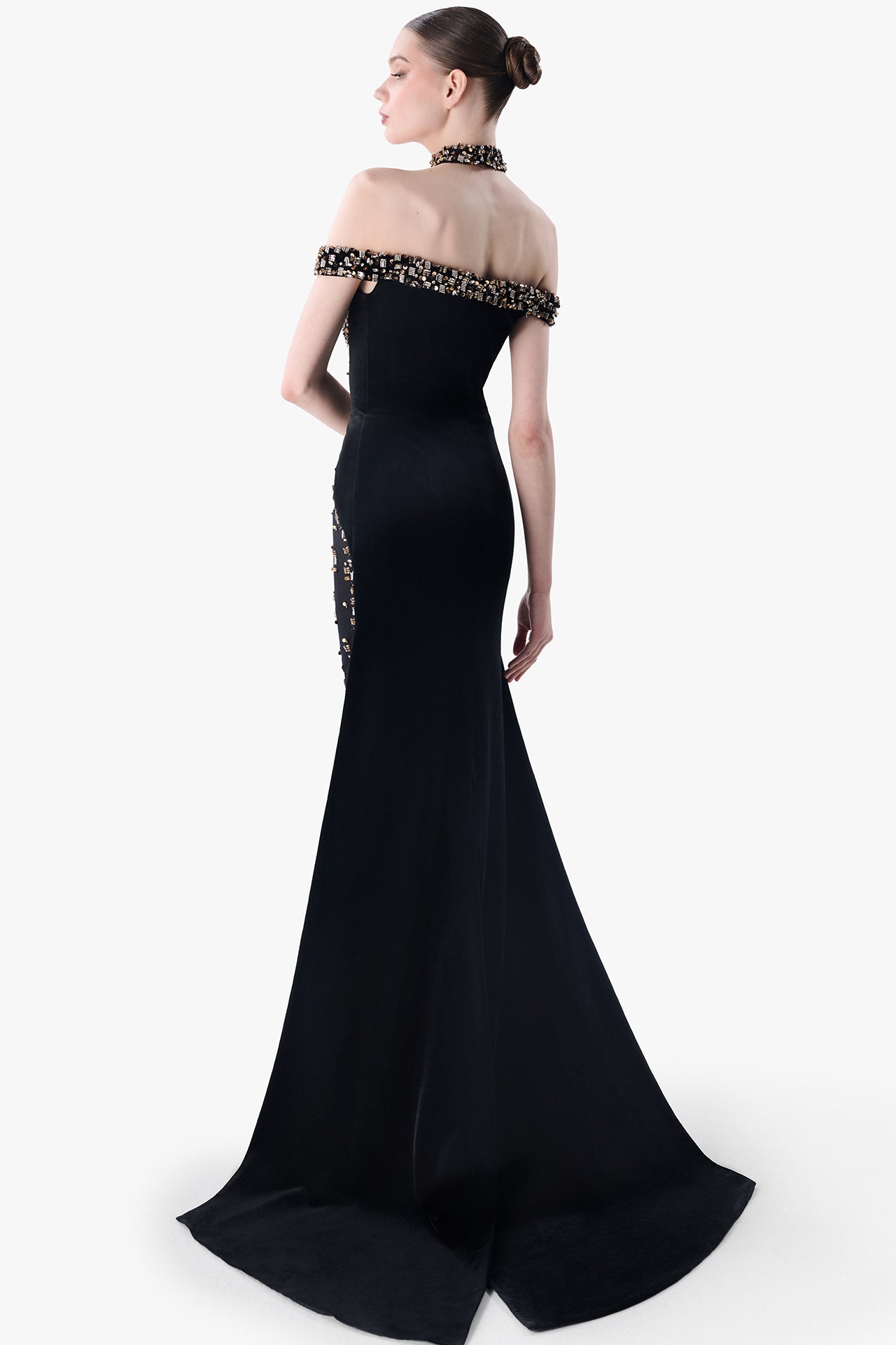 Embroidered Off-Shoulder Velvet Gown