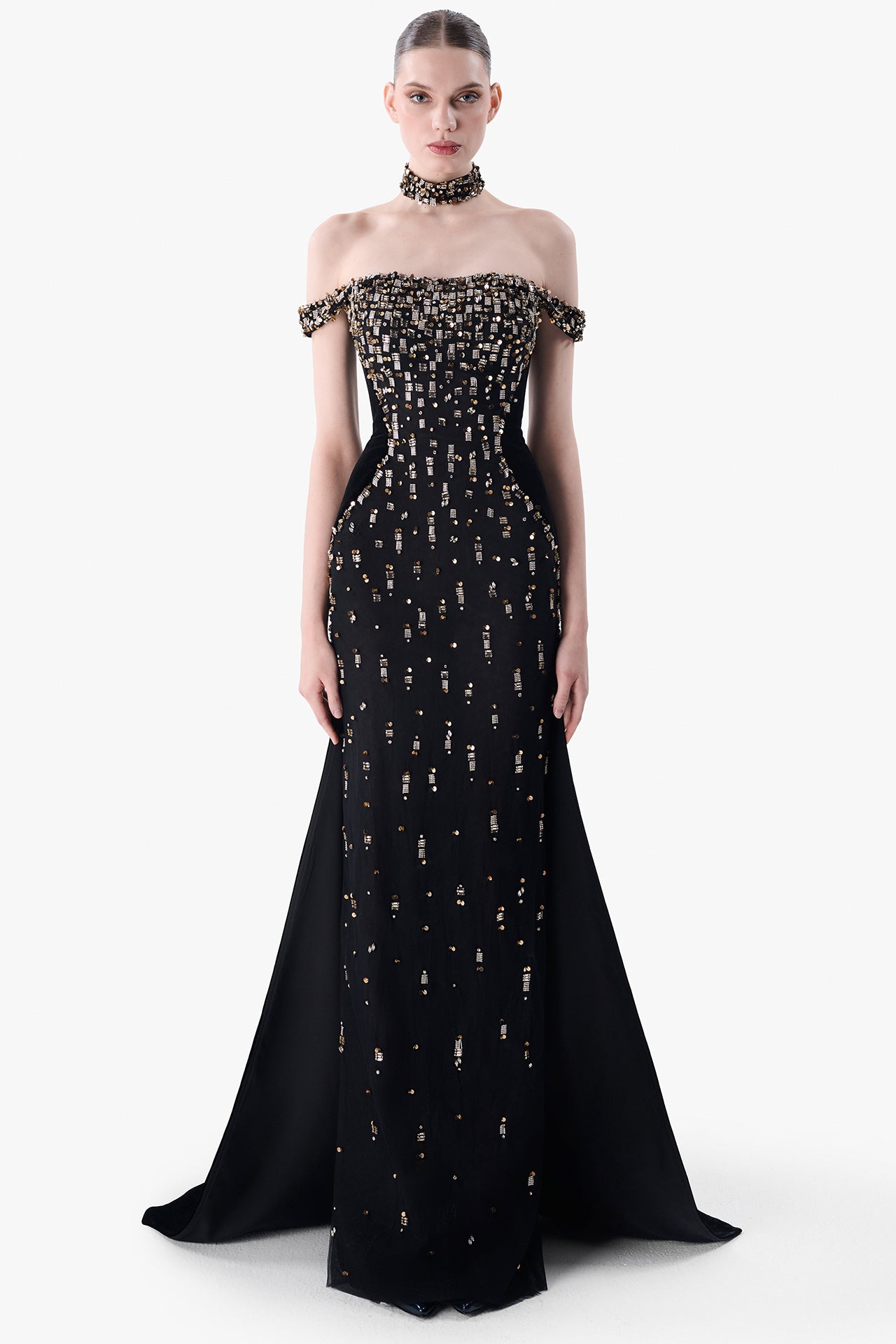 Embroidered Off-Shoulder Velvet Gown