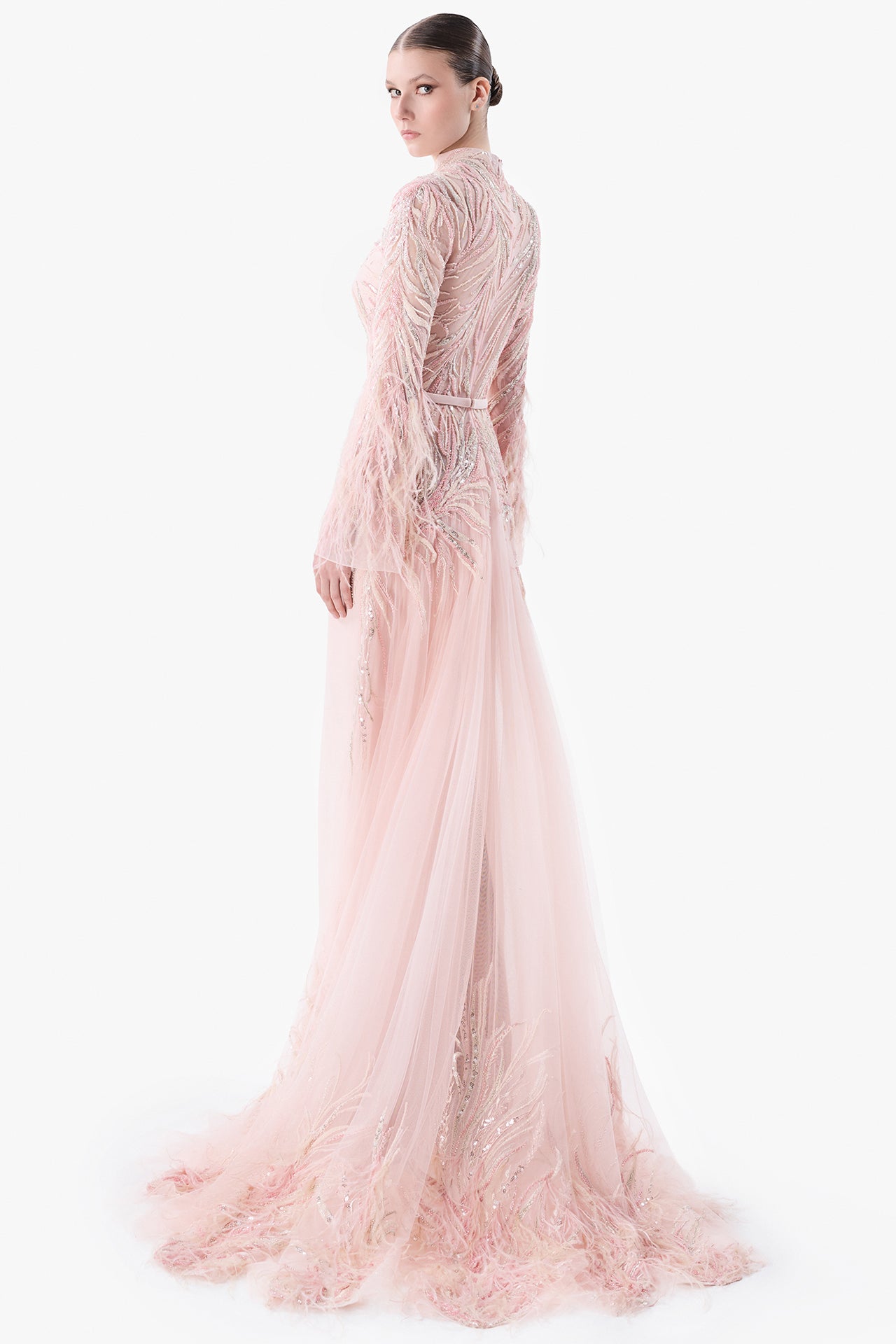 Belted Embroidered Sleeve Gown