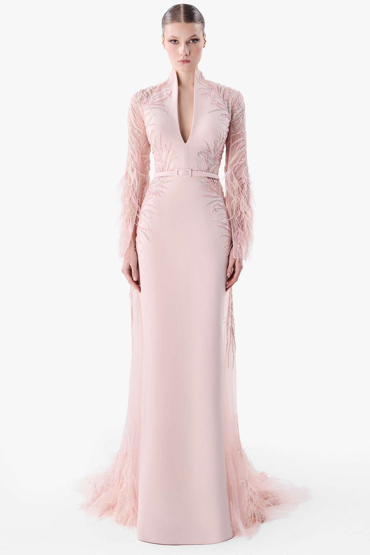 Belted Embroidered Sleeve Gown
