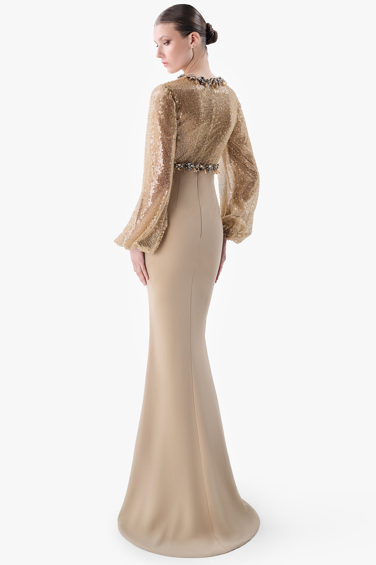 Sequined Bodice Crepe Gown