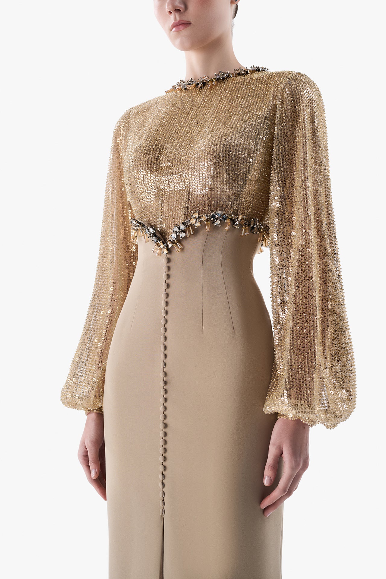 Sequined Bodice Crepe Gown