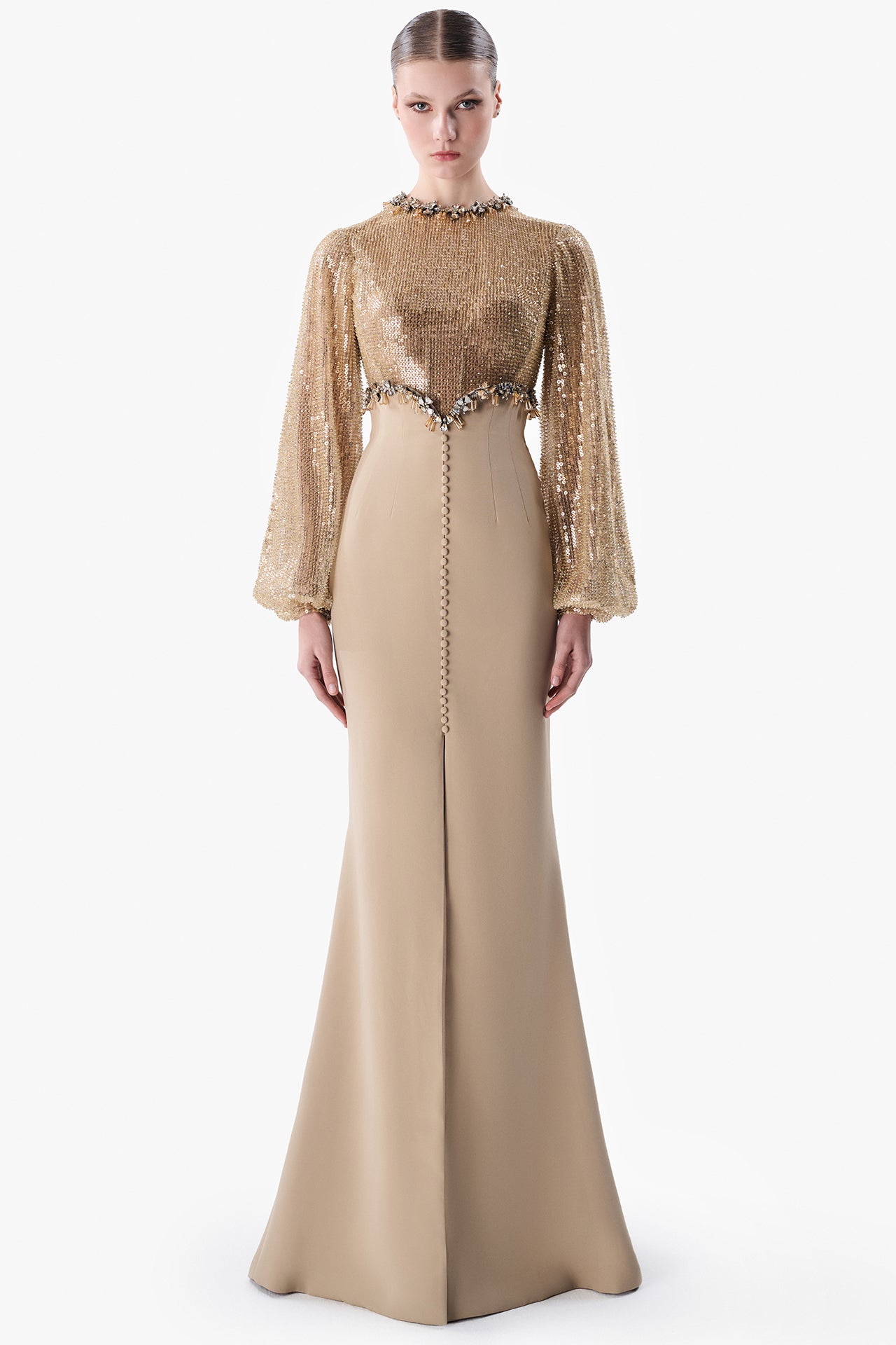 Sequined Bodice Crepe Gown