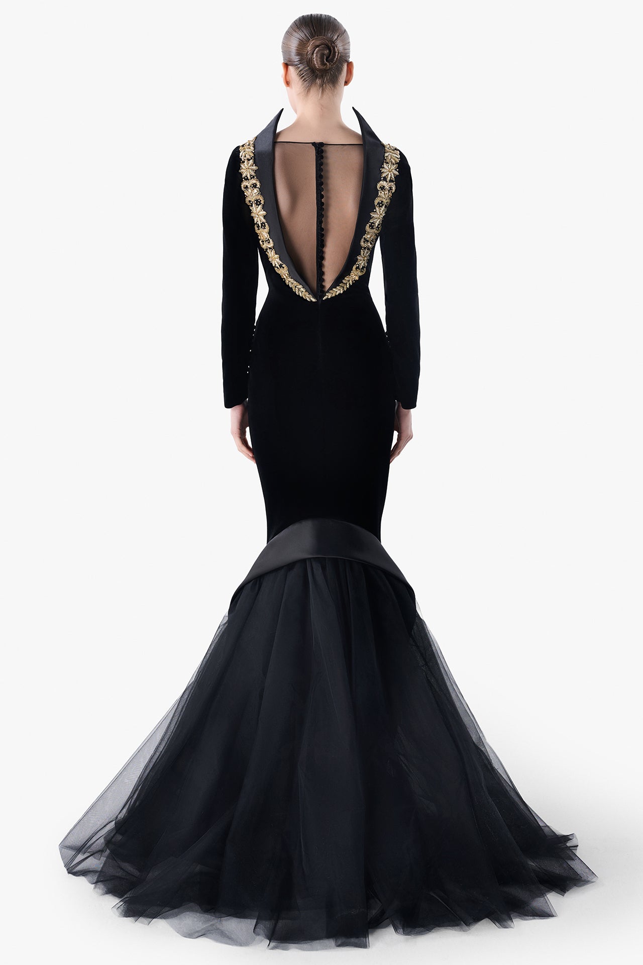 Open Back Mermaid Gown with Embroidered Collar