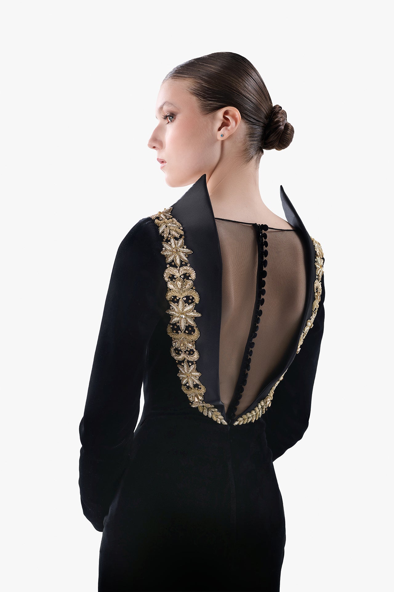 Open Back Mermaid Gown with Embroidered Collar