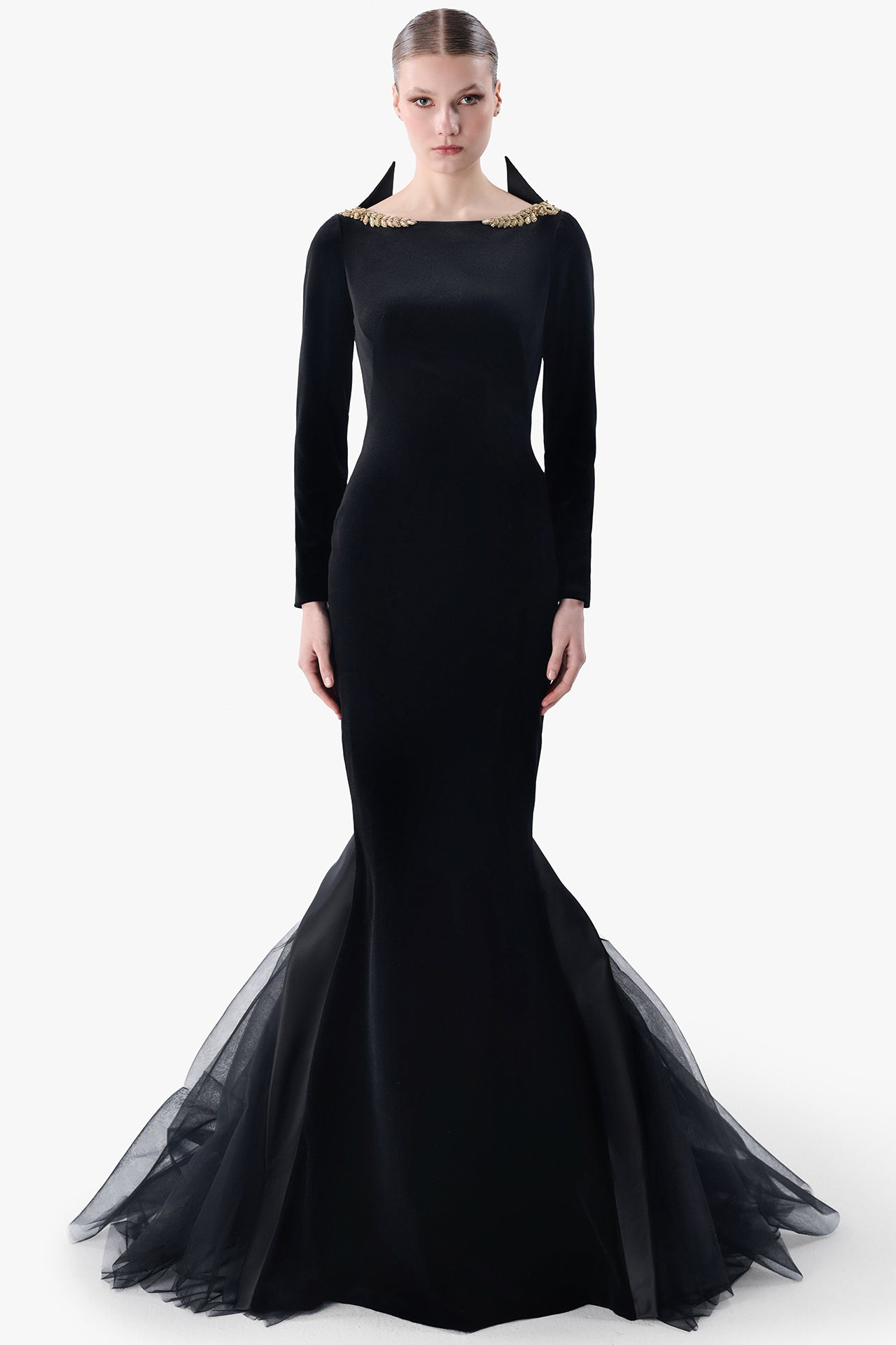 Open Back Mermaid Gown with Embroidered Collar