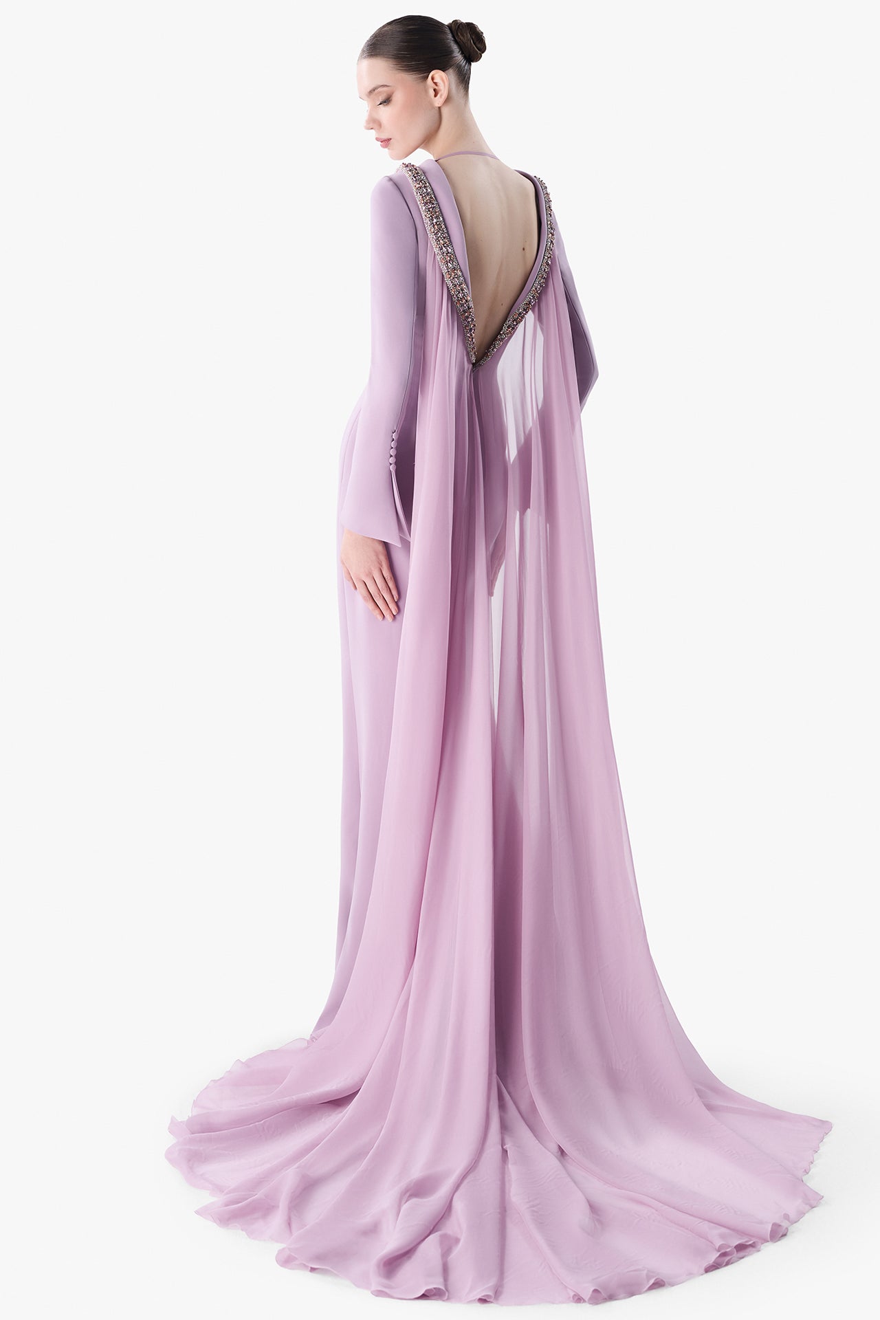 Embellished Neckline Crepe Gown