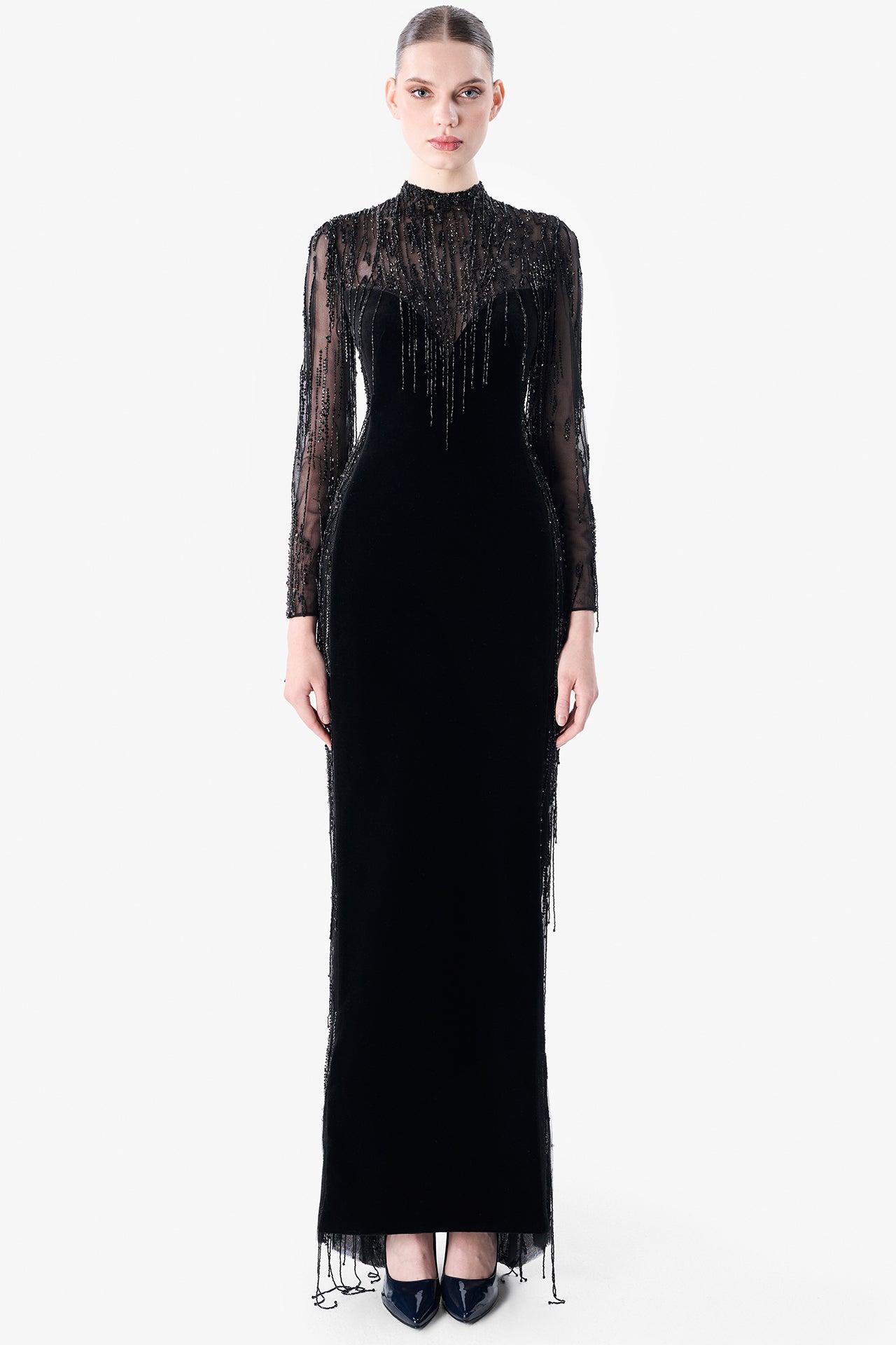Embroidered Tulle Gown with Velvet Base