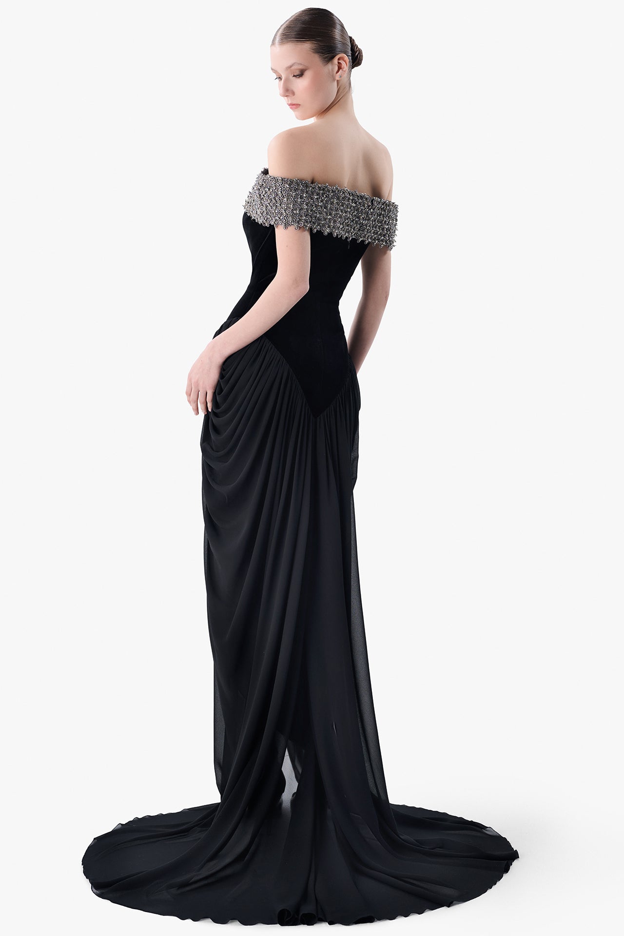 Velvet Corset Gown with Draped Skirt